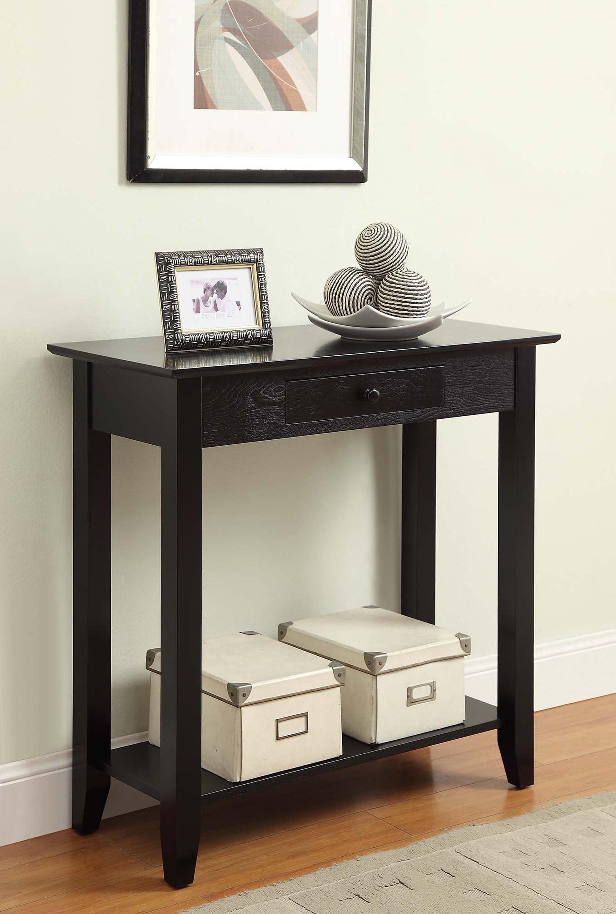 Black Pine Wood Hall Table with Drawer and Shelf