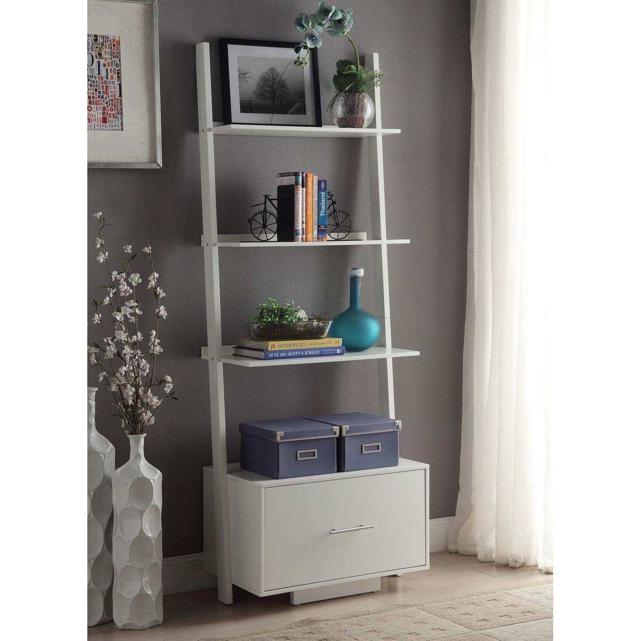 Heritage White Ladder Bookcase with Concealed File Drawer