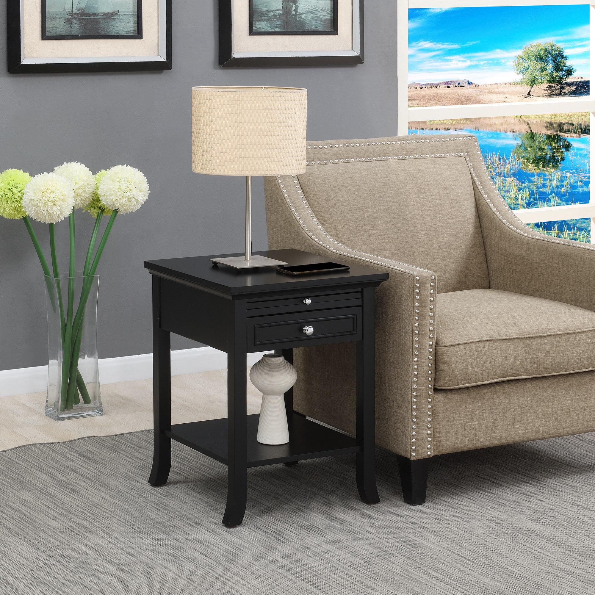 Elegant Logan Square Black End Table with Storage and Pull-Out Shelf