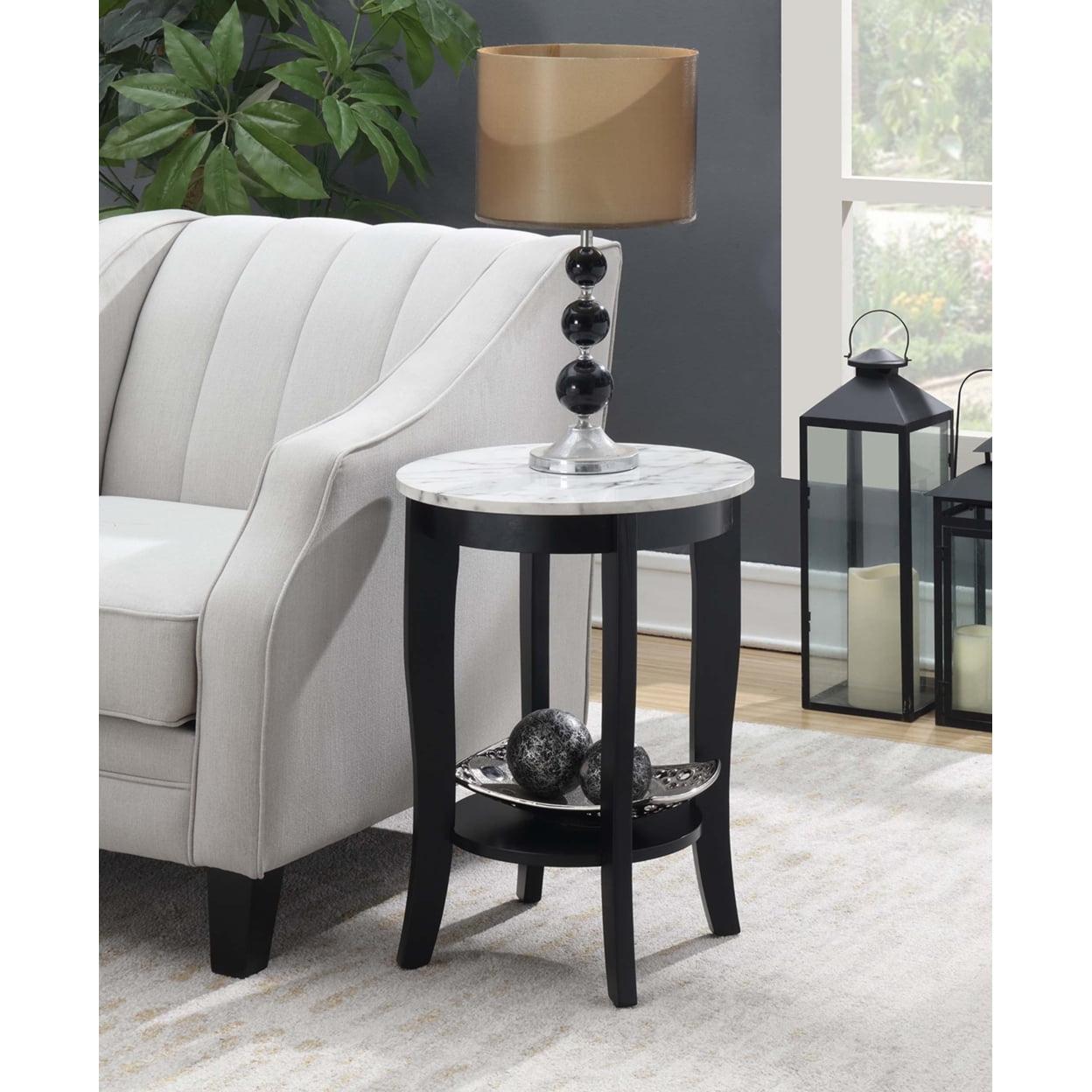 American Heritage Round End Table, White Faux Marble & Black - 24 x 17.75 x 17.75 in.