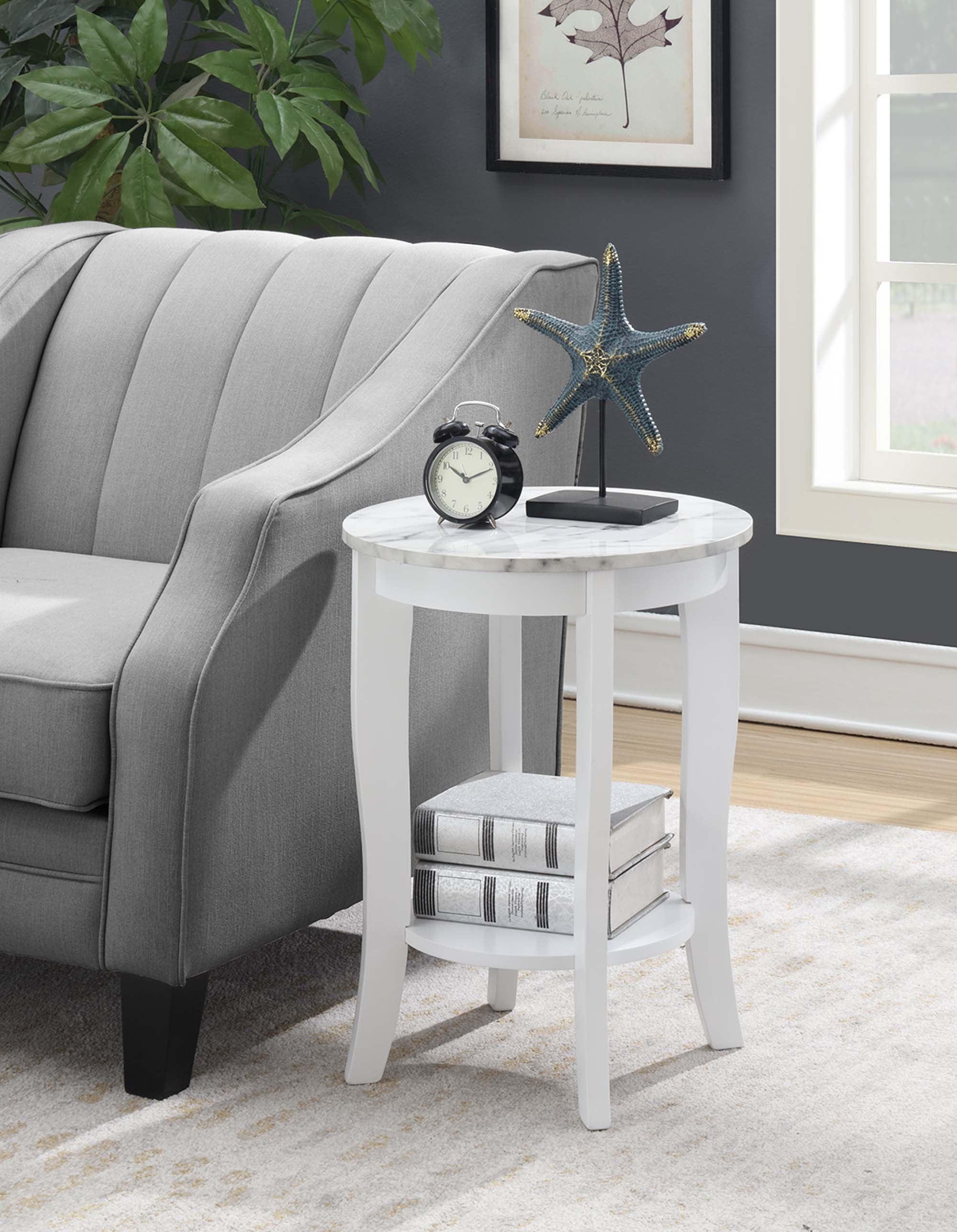 Elegant Curved-Leg Round End Table with Storage Shelf, White Faux Marble