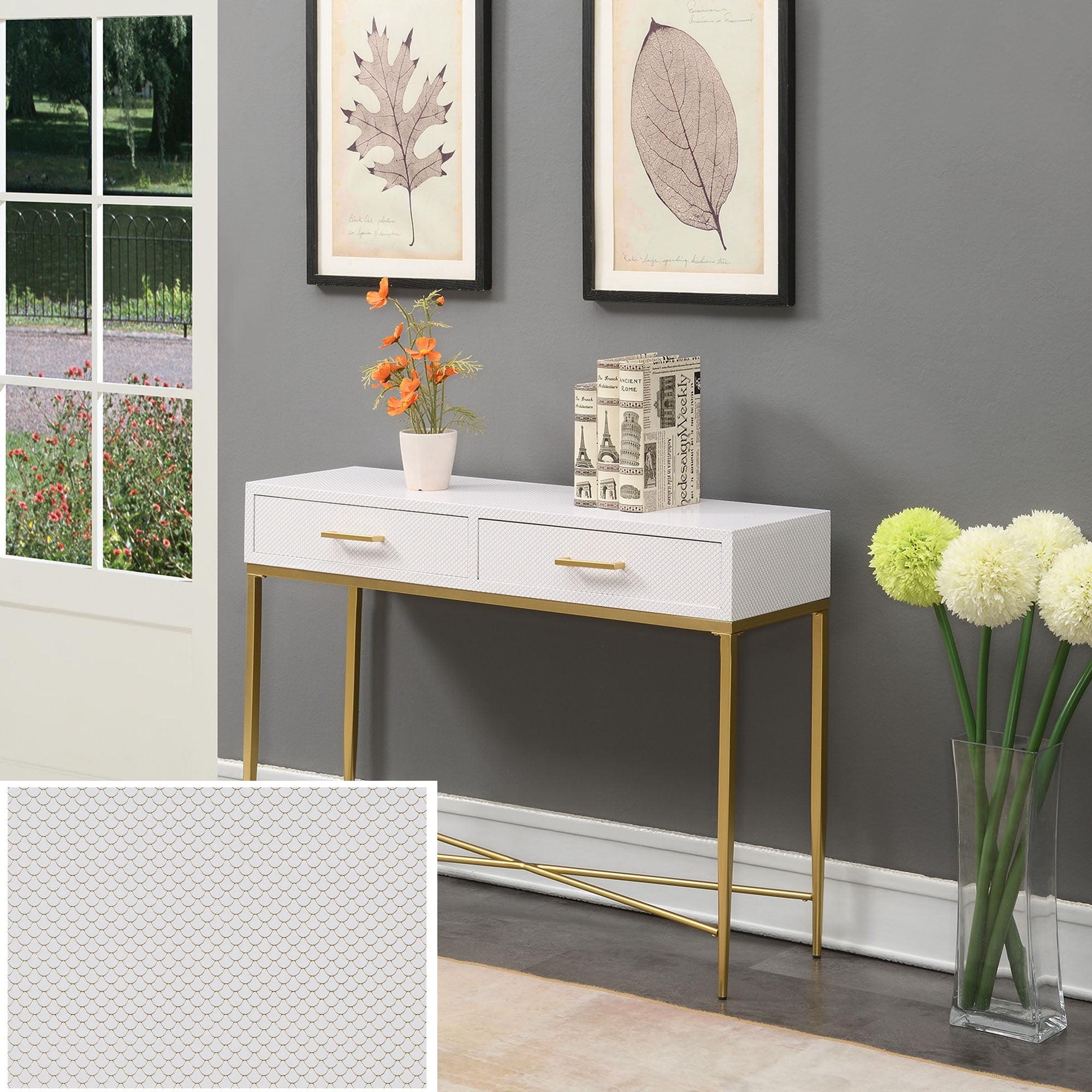 Ashley Modern White Scallop & Gold Metal Console Table with Storage