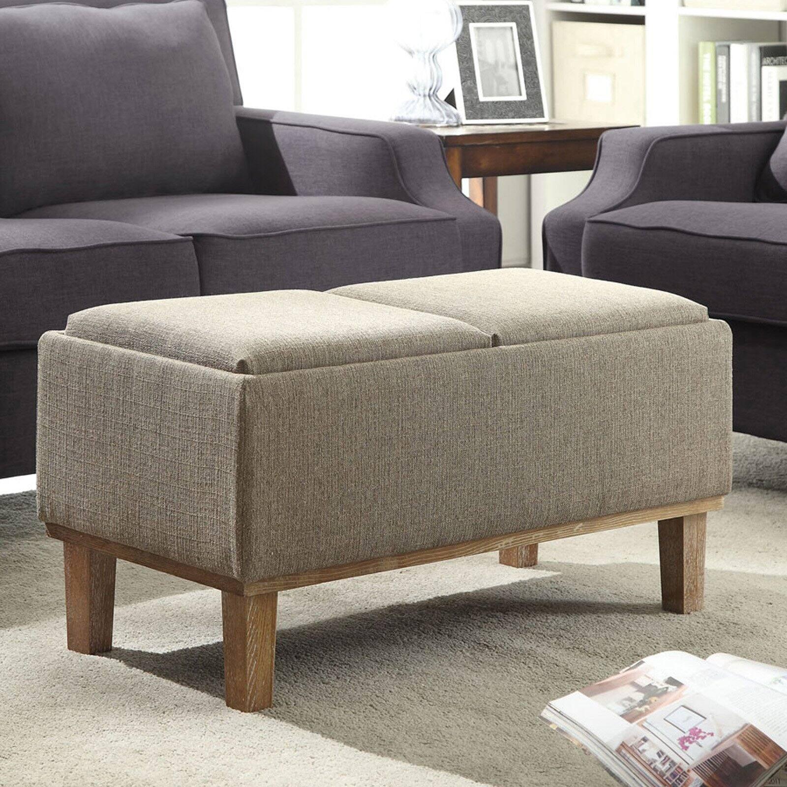 Brentwood Beige Linen 35" Storage Ottoman with Reversible Tray