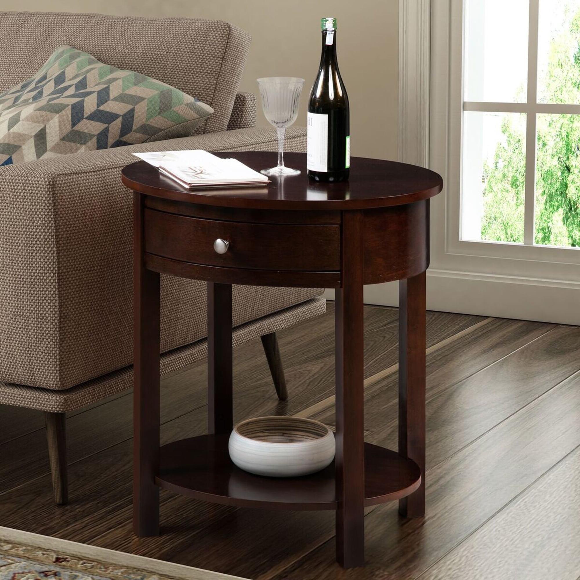 Classic Oval Espresso Solid Wood End Table with Storage