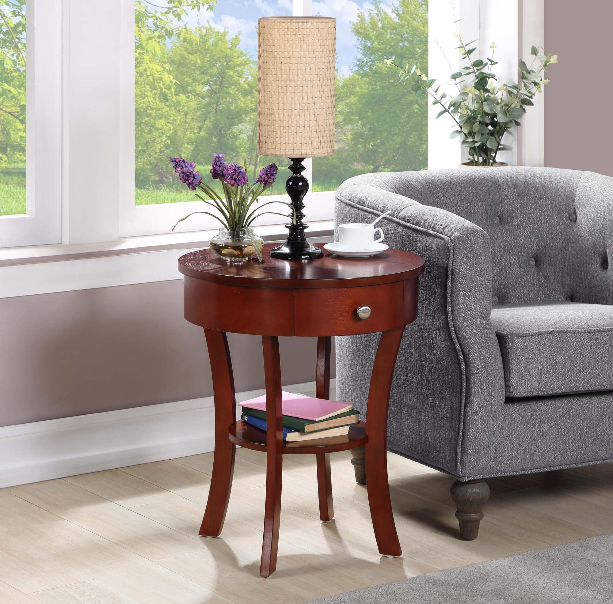 Mahogany Round Wood and Metal End Table with Storage