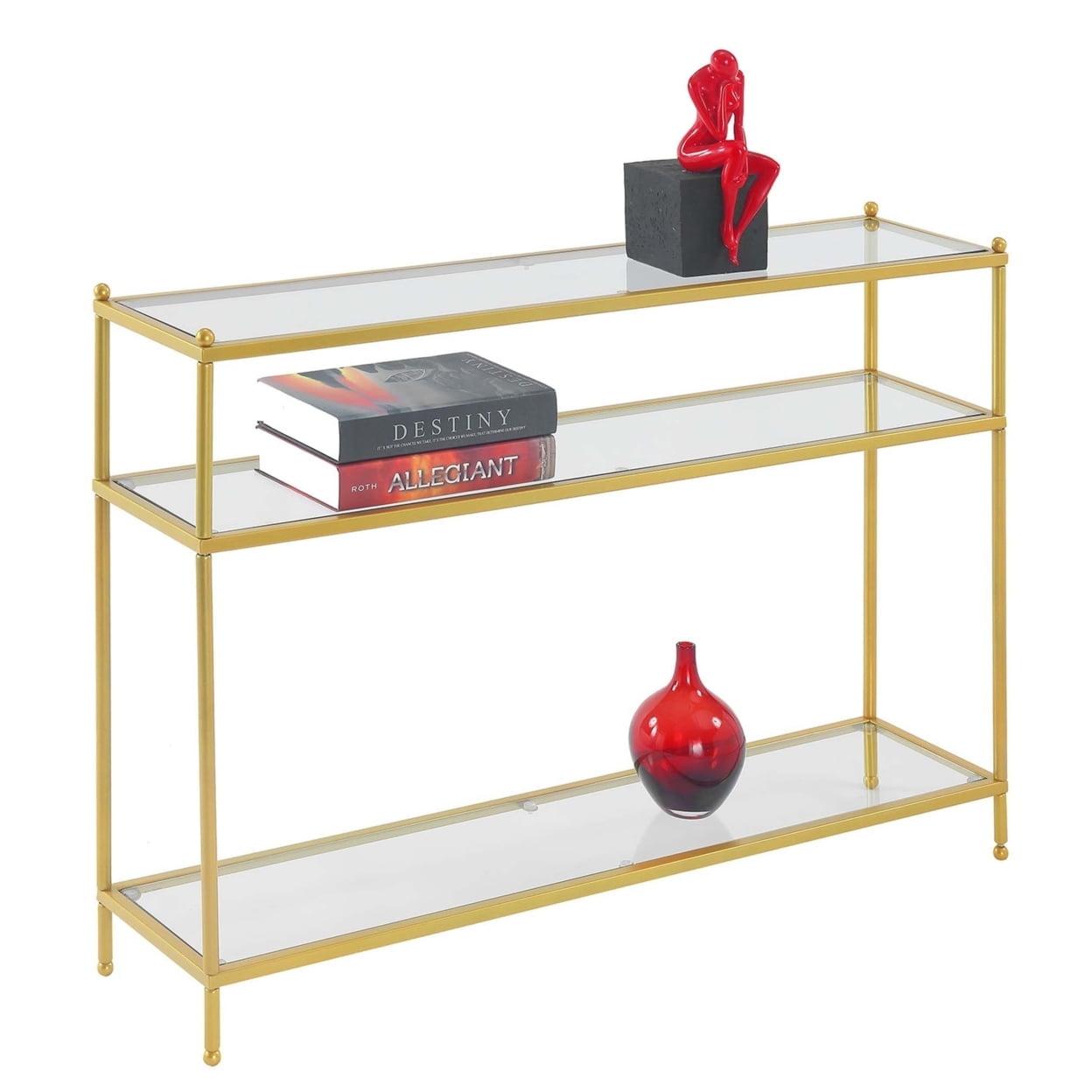 Elegant Gold Metal & Clear Glass 3-Tier Console Table with Storage