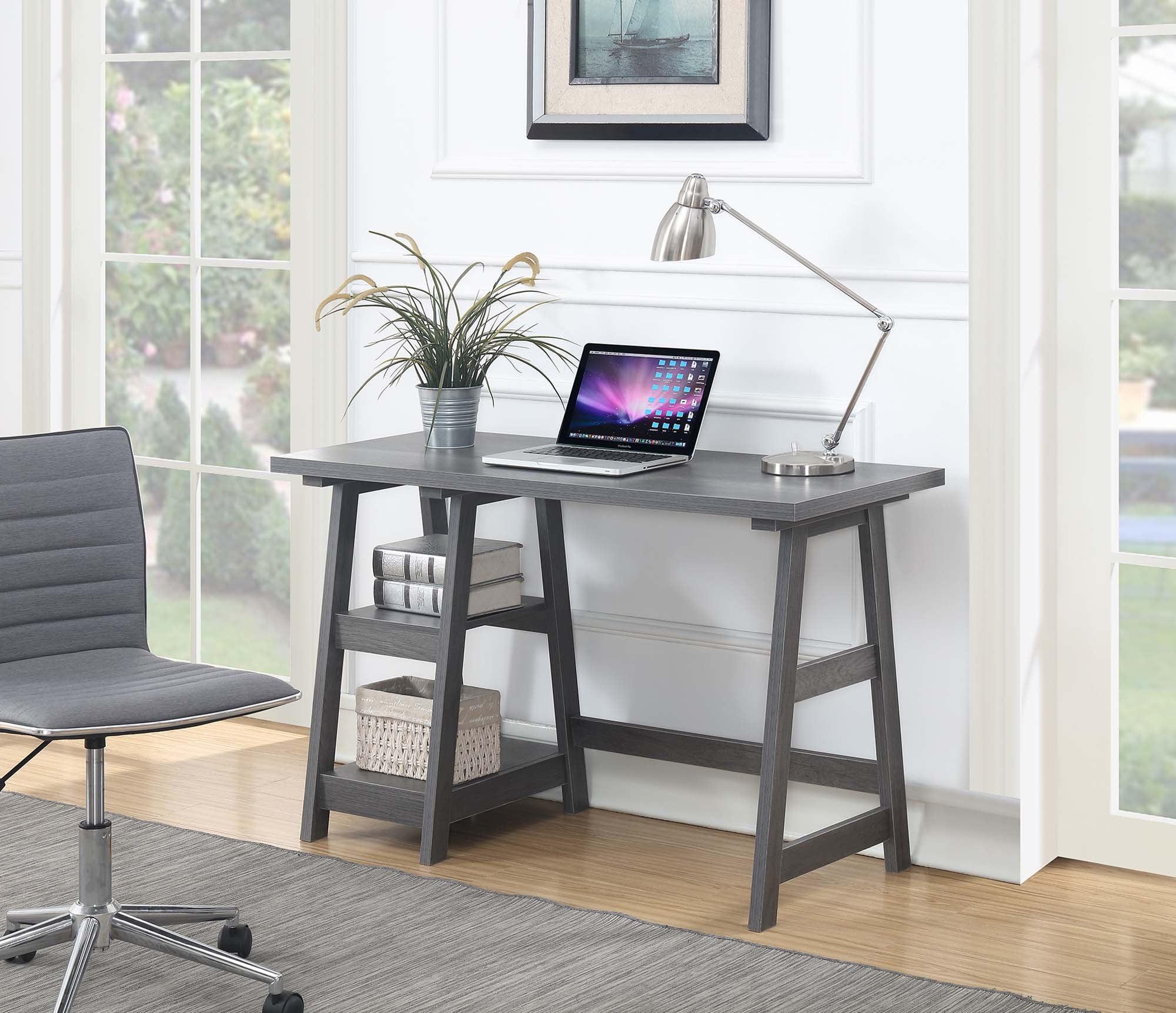 Convenience Concepts Designs2Go 29.25" Tall Trestle Desk with Shelves, Charcoal Gray