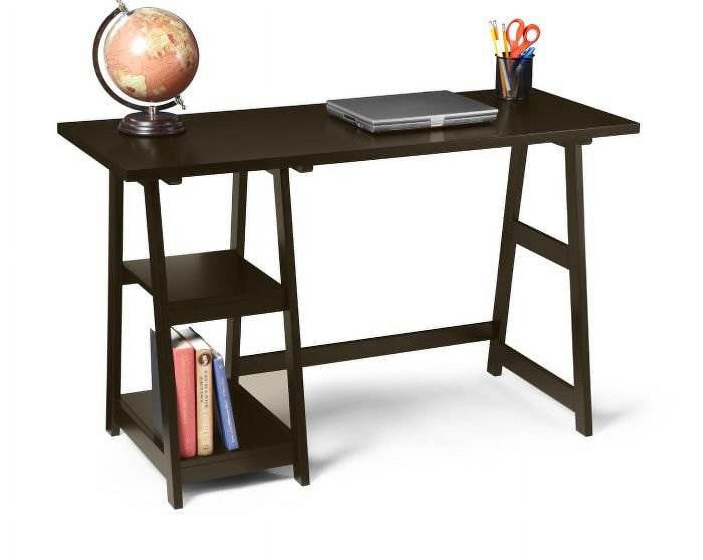 Espresso Wood Trestle Computer Desk with Side Shelves