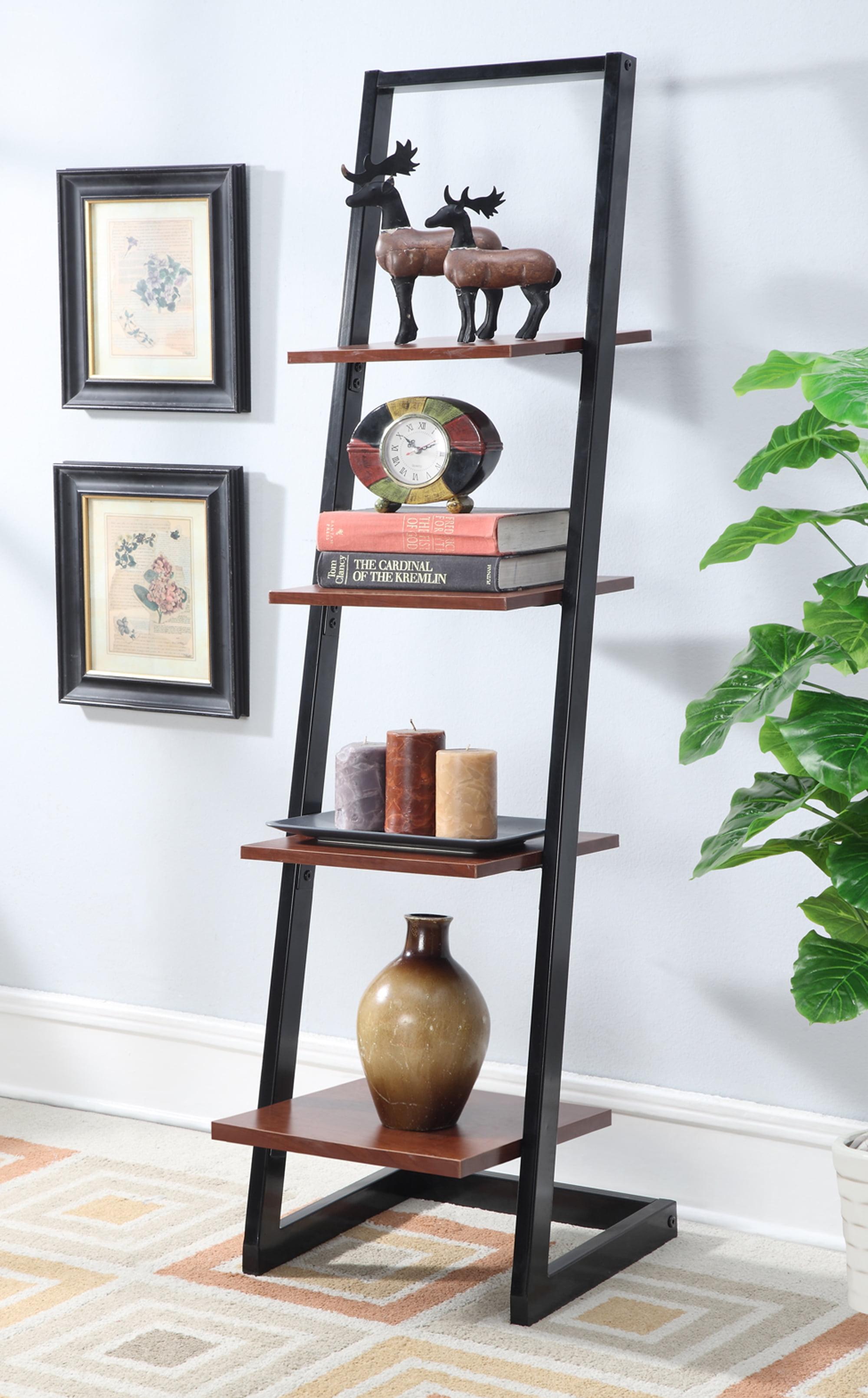 Sleek Black Metal 4-Tier Ladder Bookshelf with Cherry Woodgrain Shelves