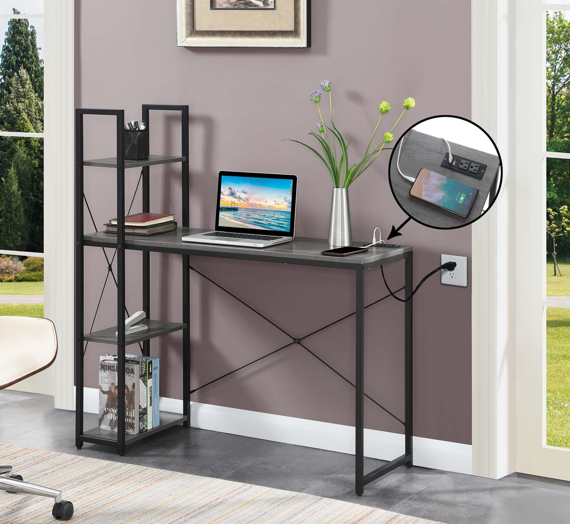 Charcoal Gray Wood Office Workstation with USB Port and Shelves