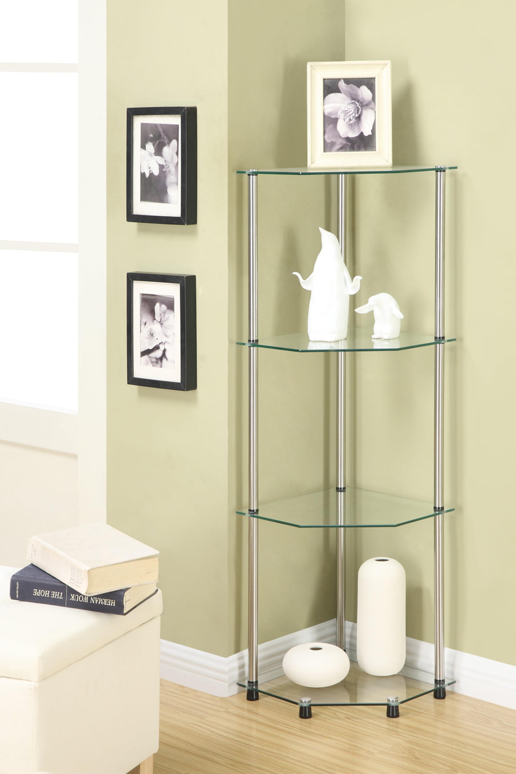 Sleek Silver 4-Tier Glass Corner Shelf for Modern Decor