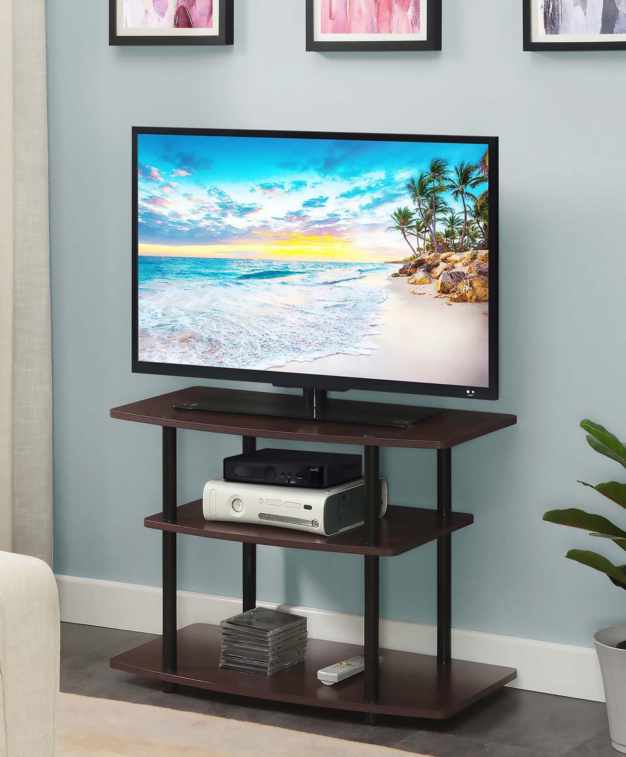 Espresso 3-Tier No-Tools TV Stand with Black Stainless Steel Poles