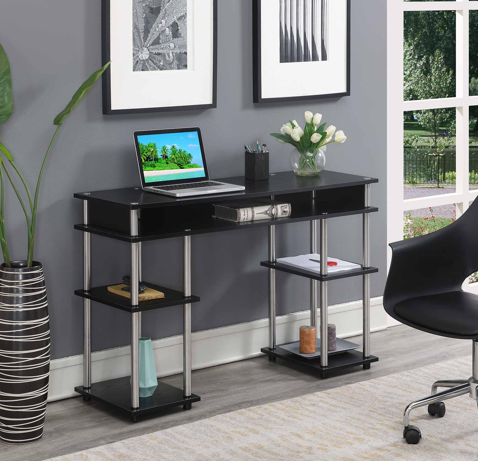 Black Wood Student Desk with Stainless Steel Legs and Shelves