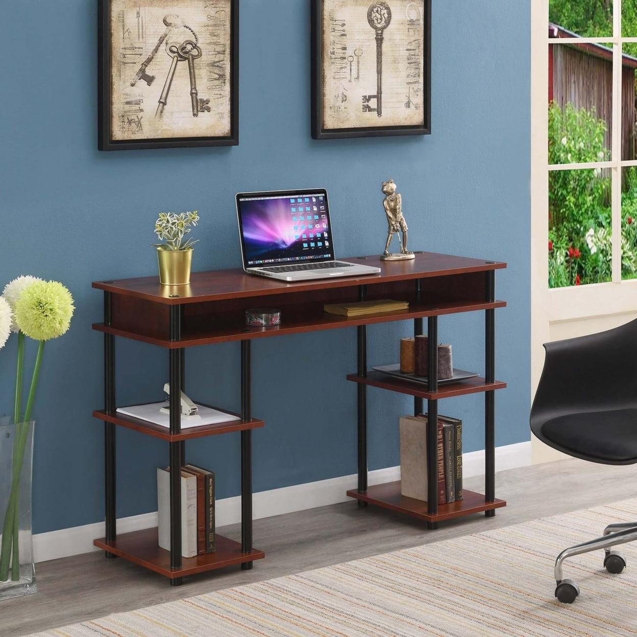 Cherry & Black 48" Modern No-Tools Student Desk with Shelves