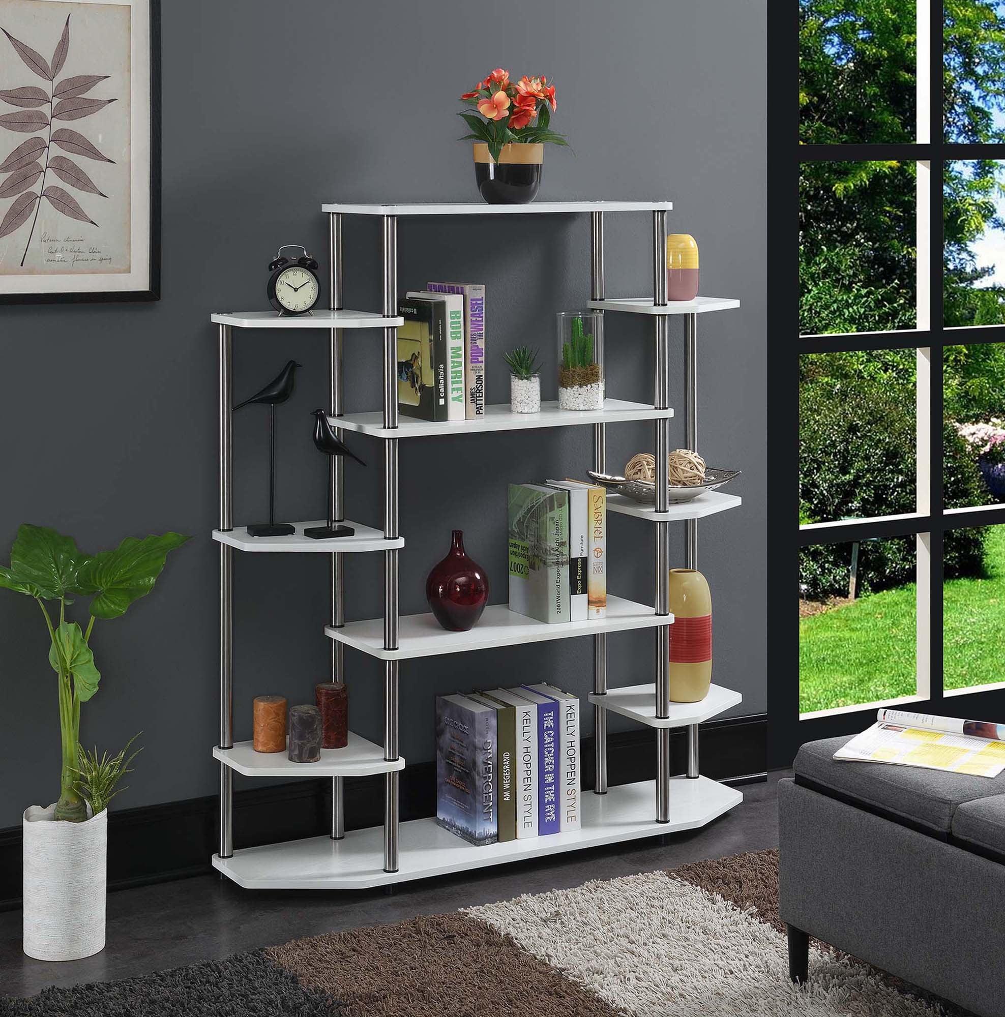 Modern White Wood Wall Unit Bookshelf with Stainless Steel Legs