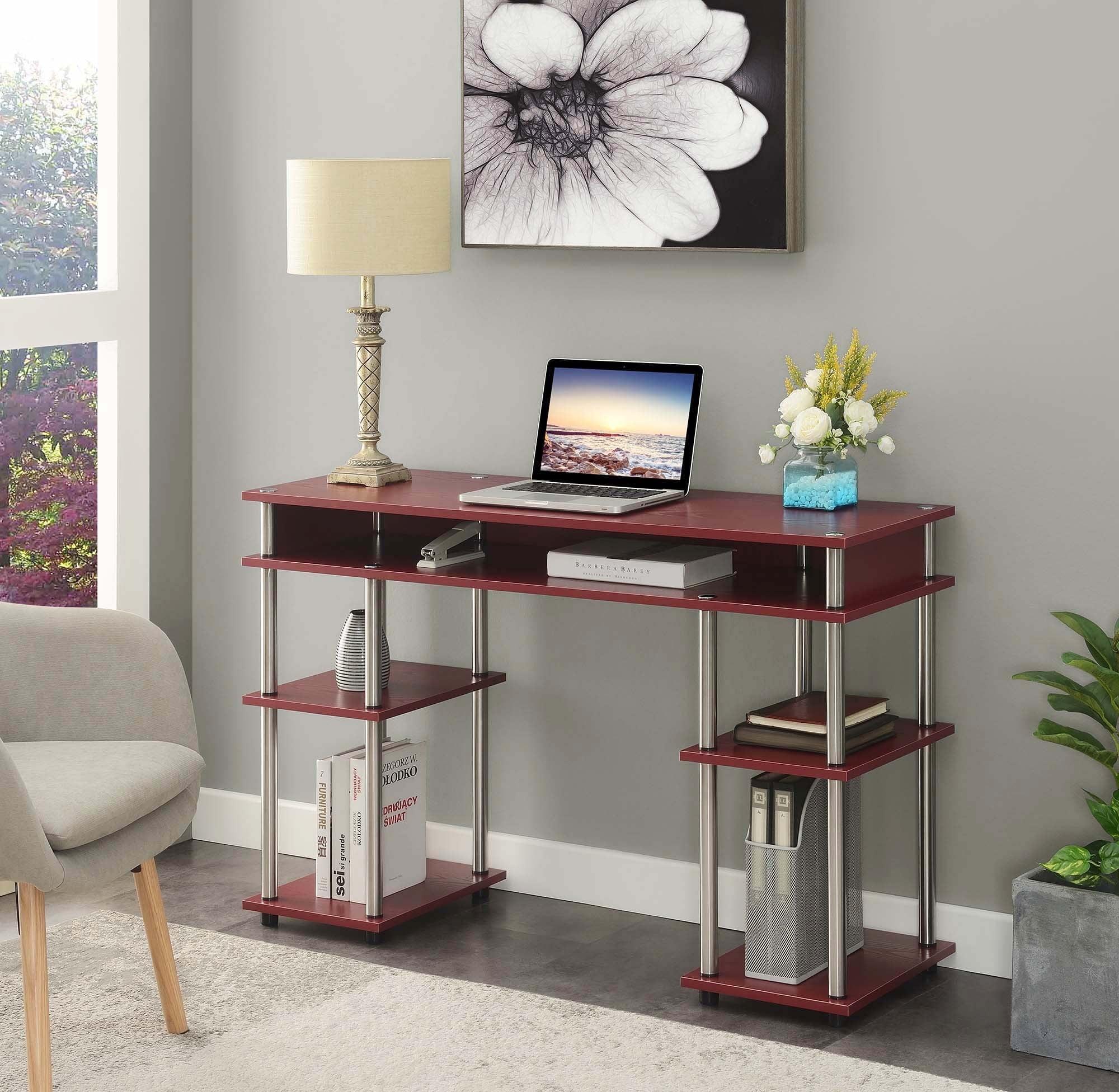 Dark Cranberry Red Wood Student Desk with Shelves