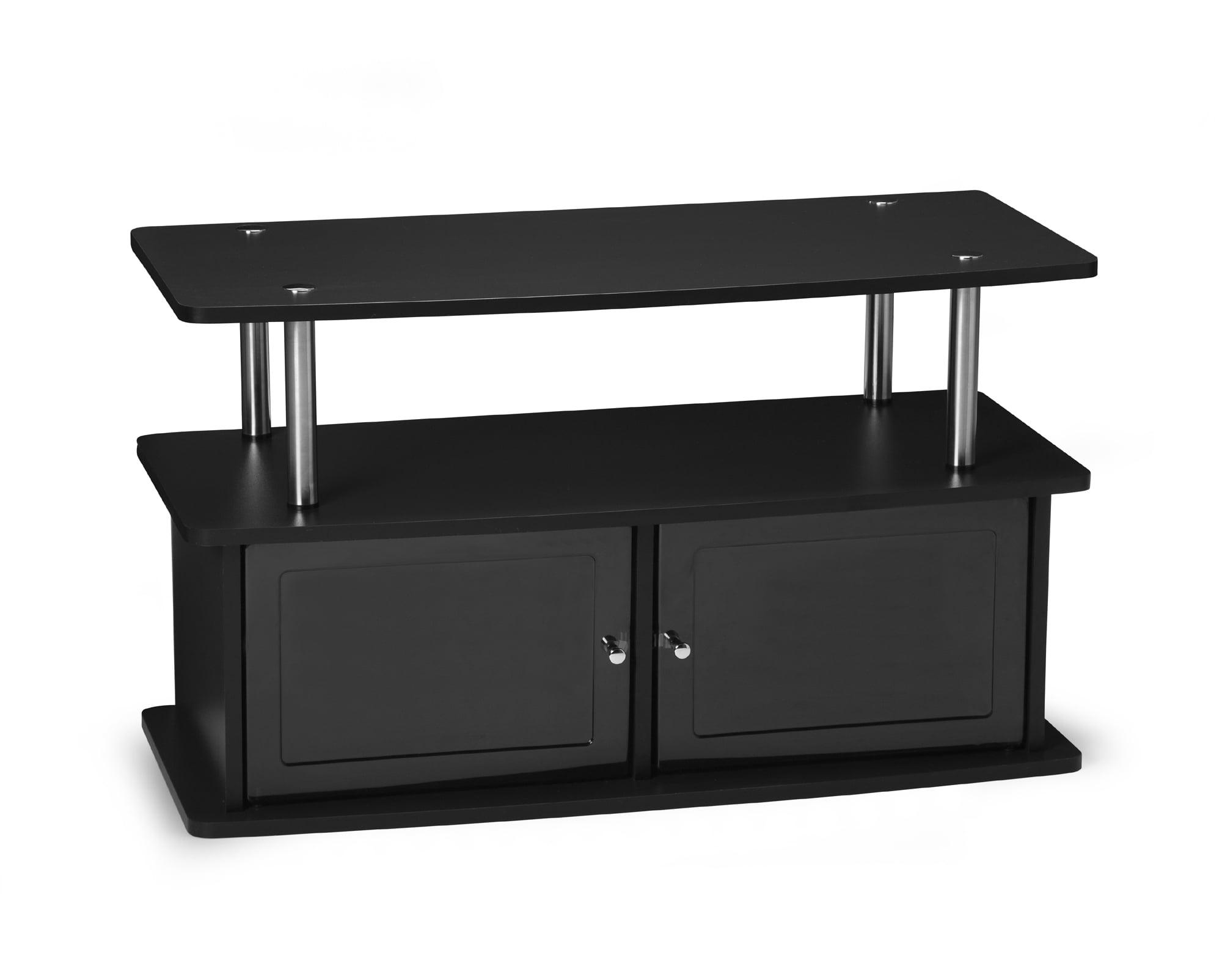 Black Modern TV Stand with Two Cabinets and Stainless Steel Poles