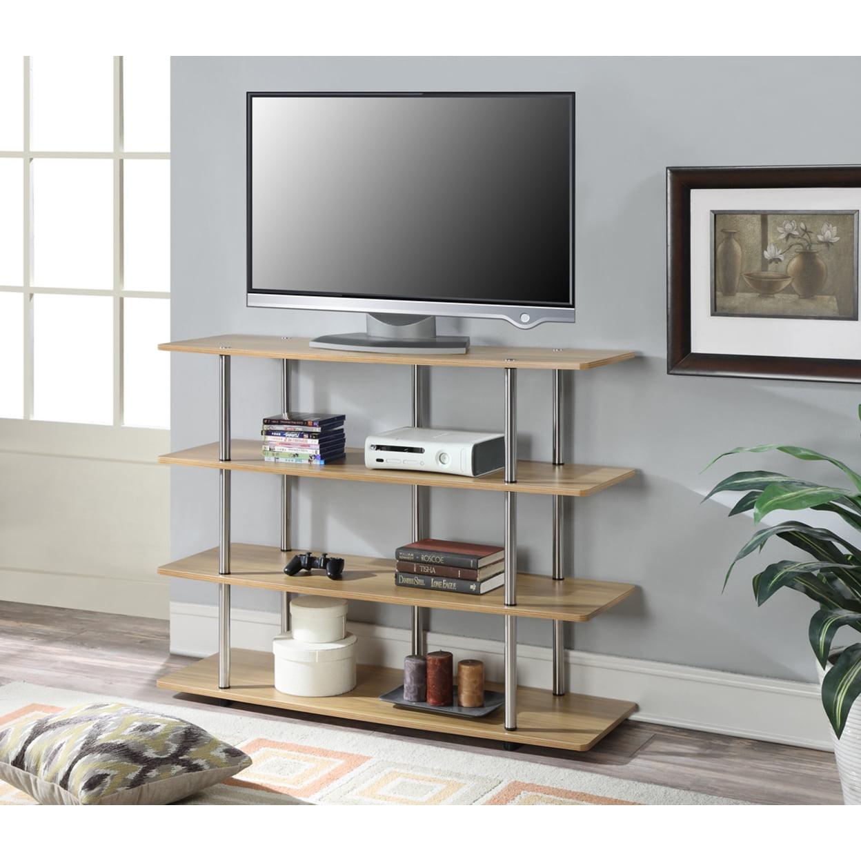 Light Oak 4-Tier Highboy TV Stand with Stainless Steel Poles