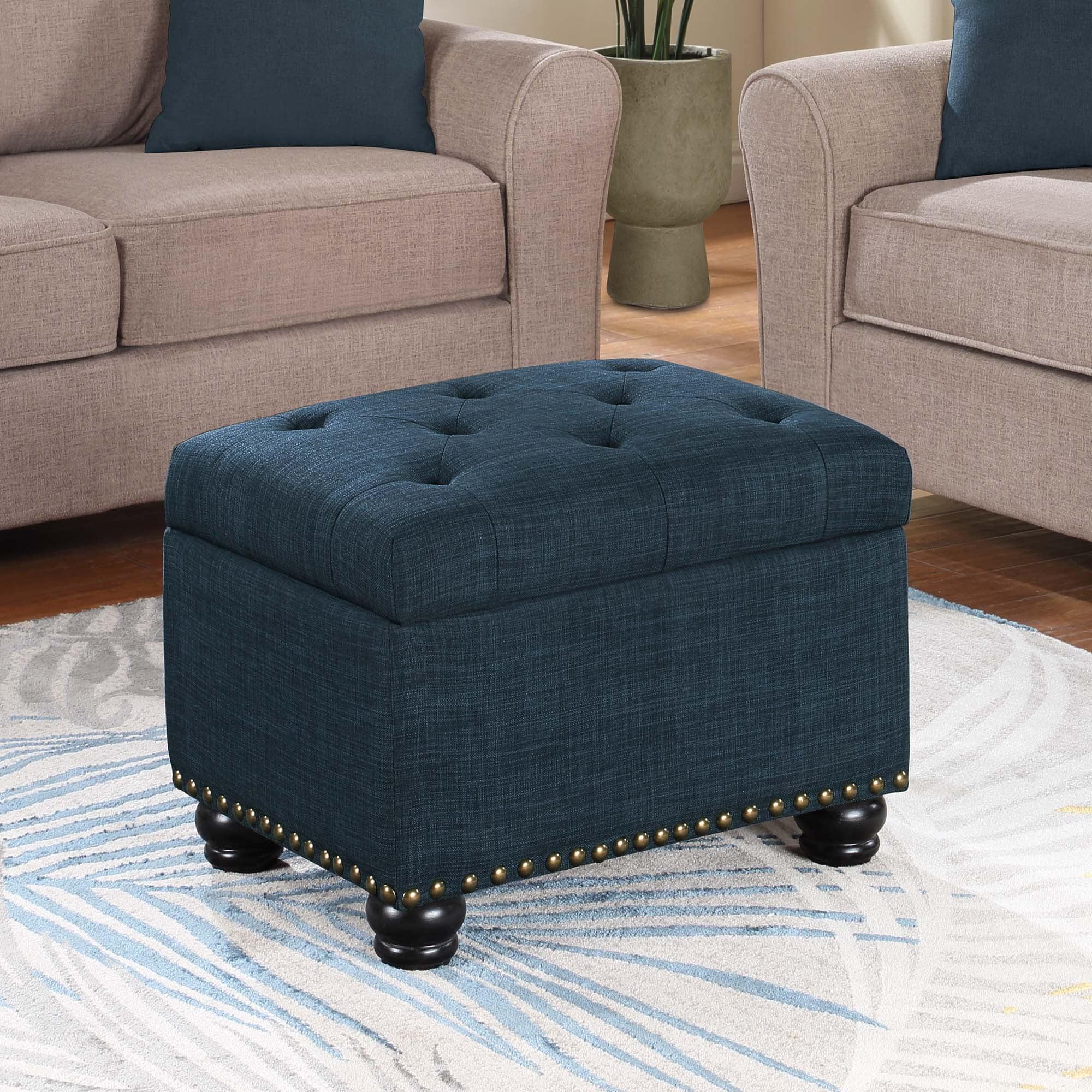 Elegant Dark Blue Tufted Storage Ottoman with Antique Nailhead Trim