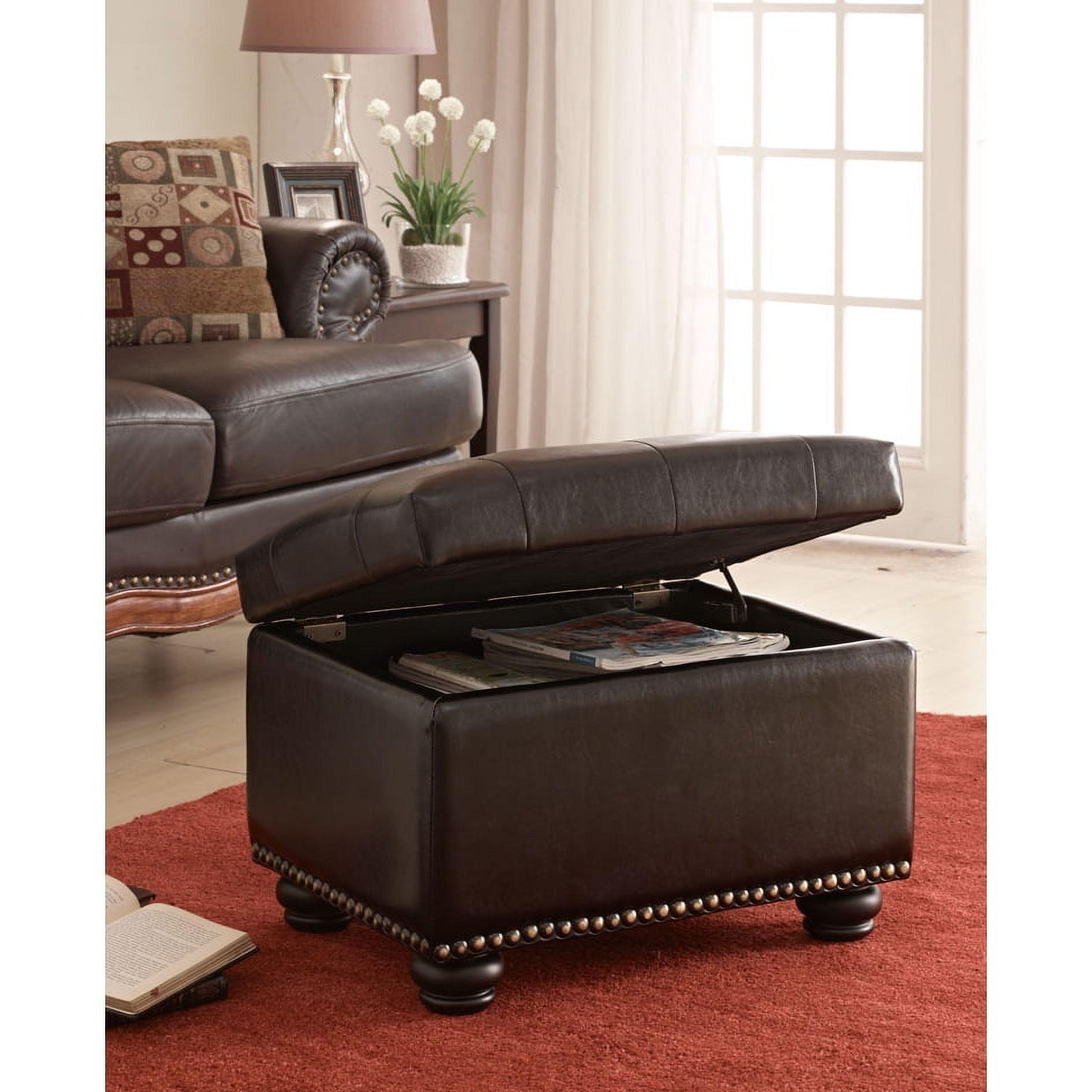 Espresso Faux Leather Tufted Storage Ottoman with Nailhead Trim