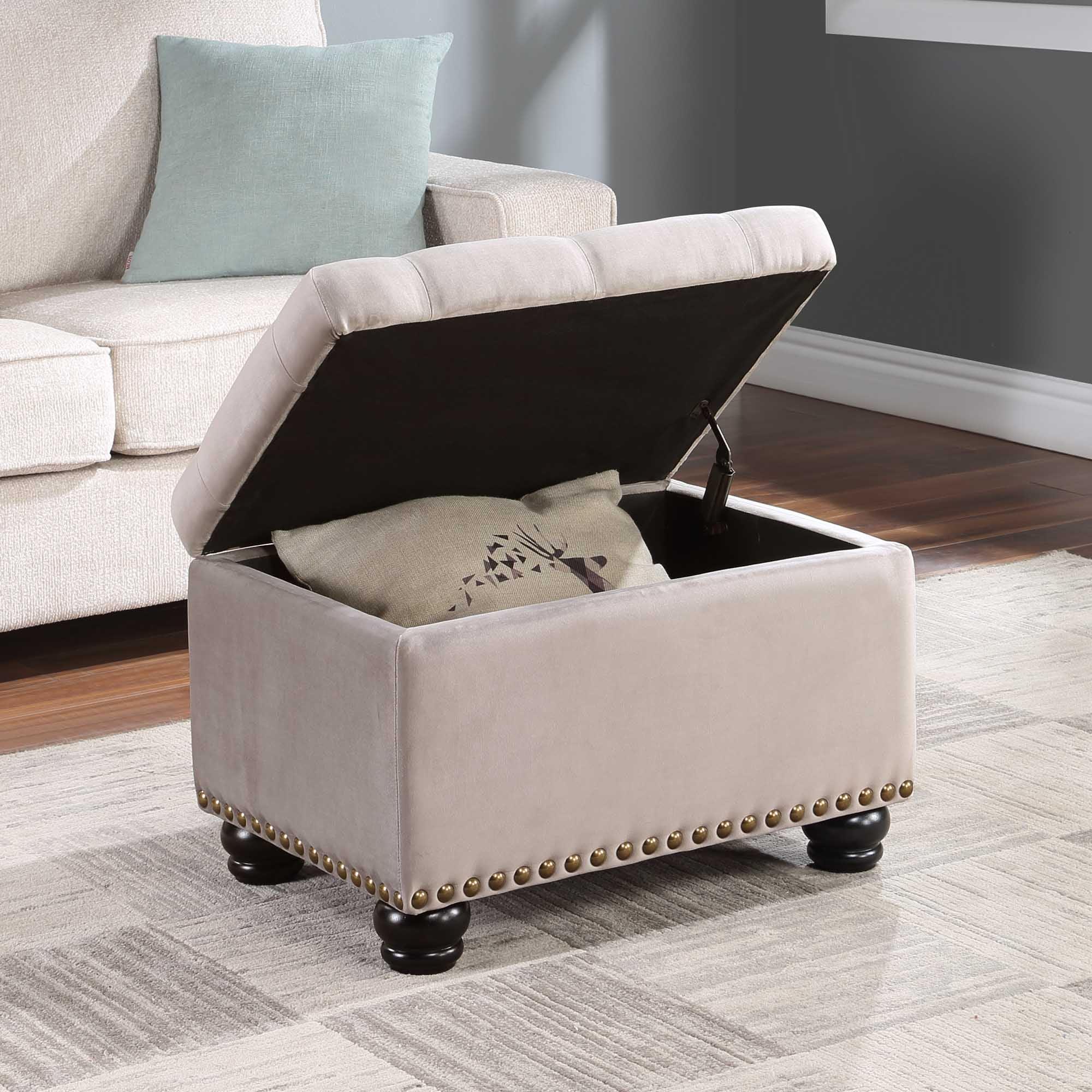 Elegant Taupe Velvet Tufted Storage Ottoman with Antique Nailhead Trim