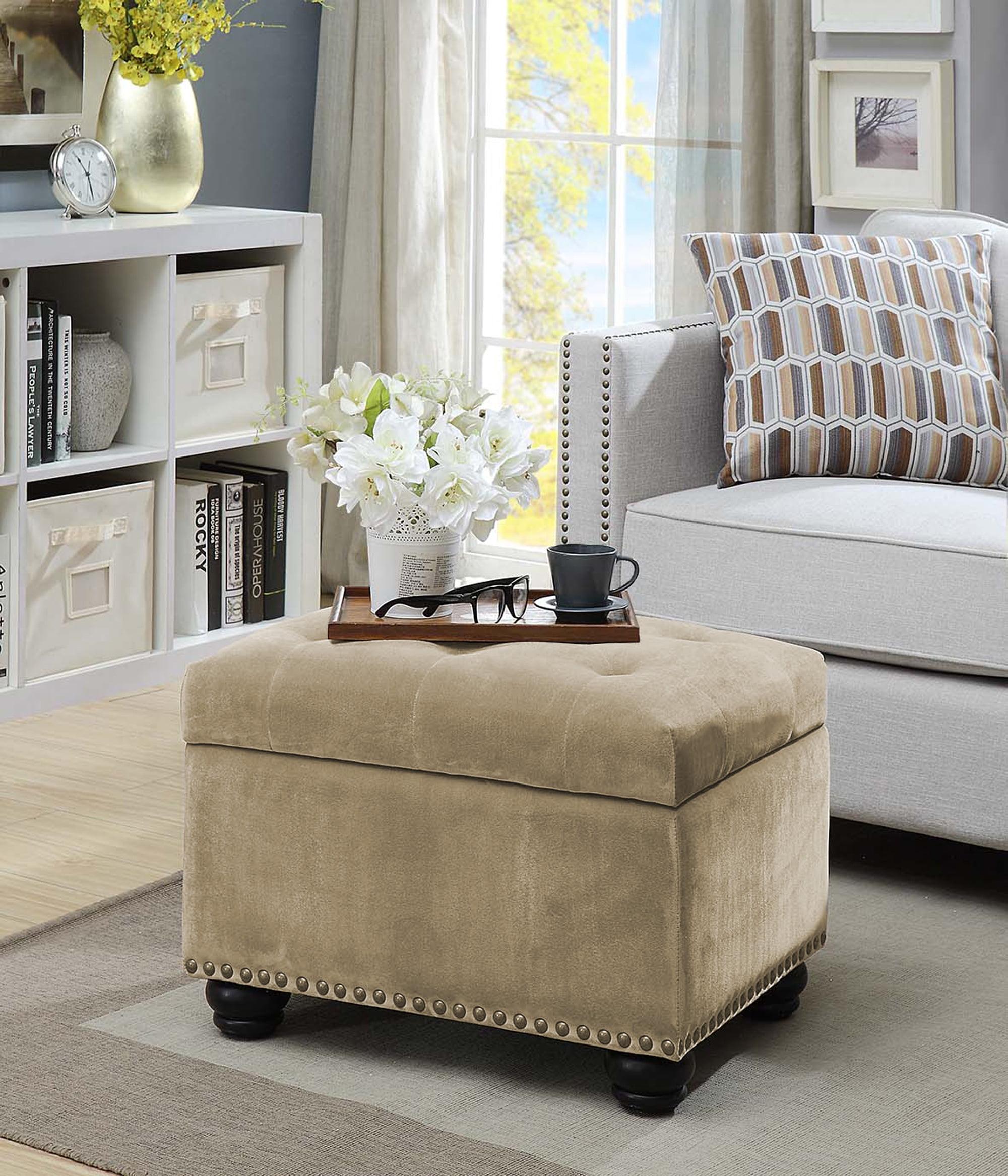 Elegant Taupe Velvet Tufted Storage Ottoman with Antique Nailhead Trim