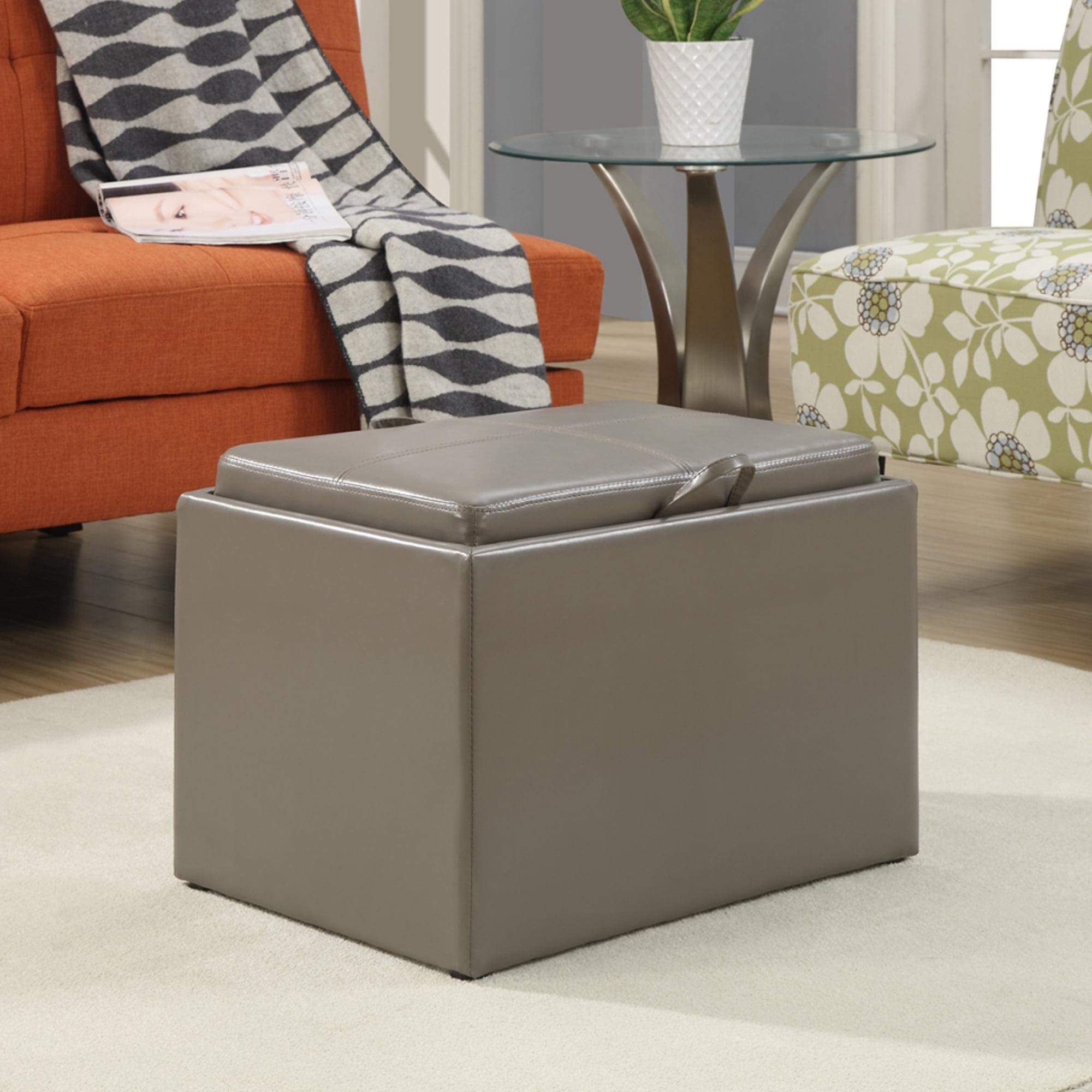 Taupe Gray Faux Leather Storage Ottoman with Reversible Tray