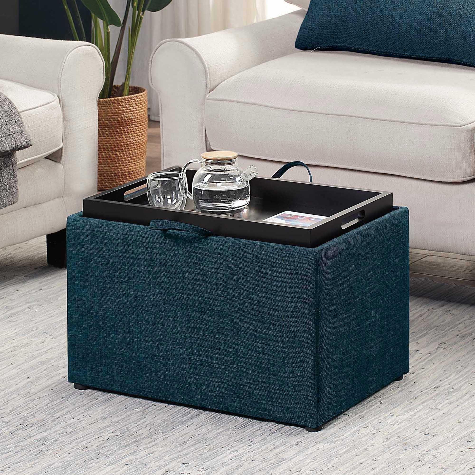 Dark Blue Fabric Storage Ottoman with Reversible Tray