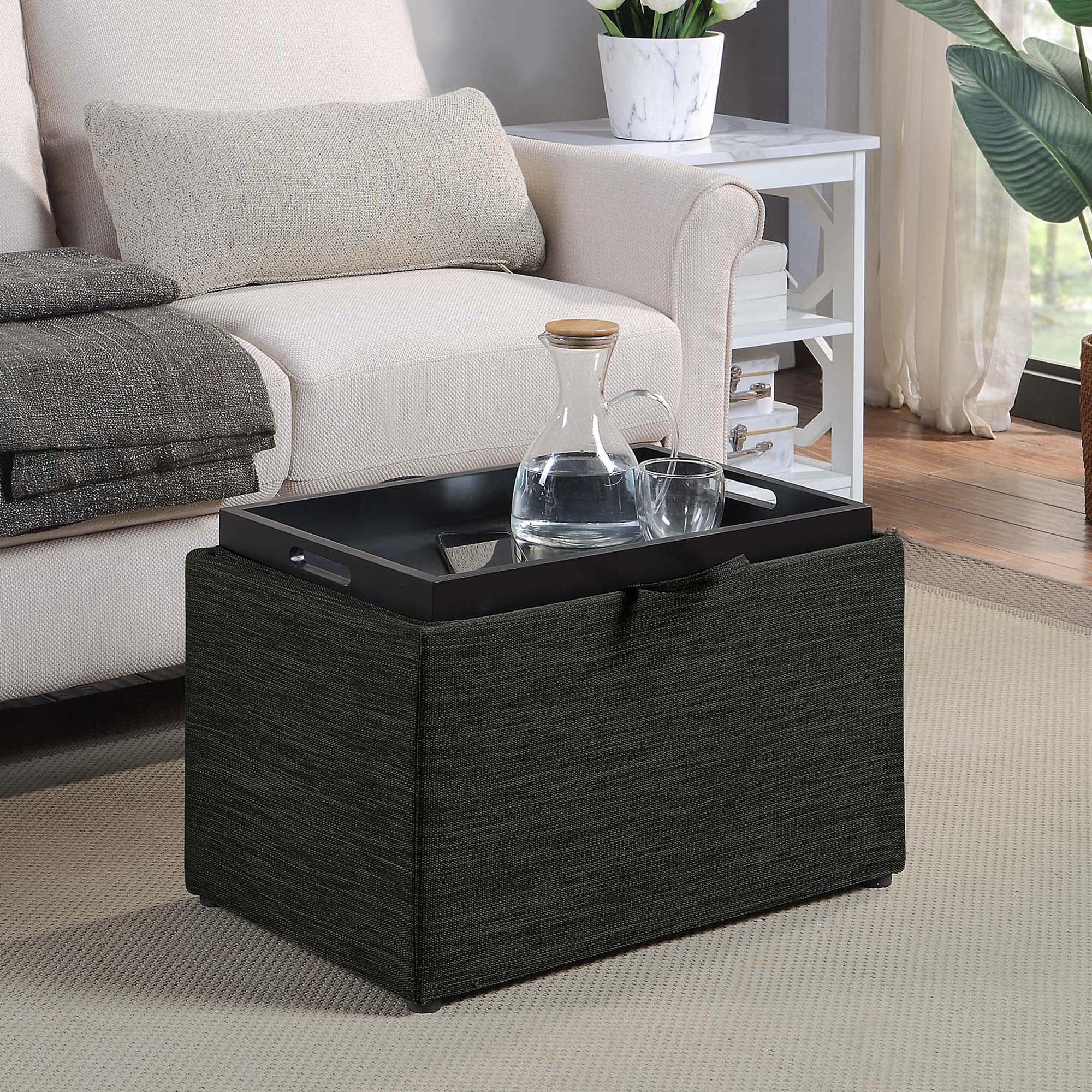 Modern Dark Charcoal Gray Fabric Storage Ottoman with Reversible Tray, 23"