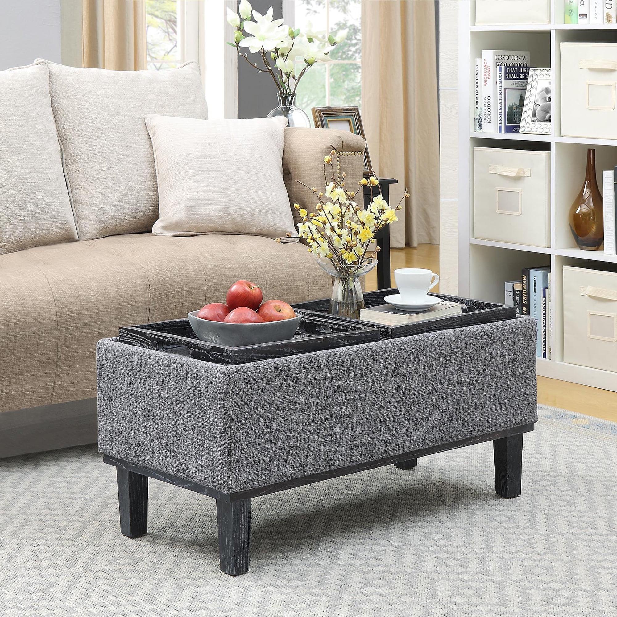 Gray Linen Tufted Storage Ottoman with Reversible Trays