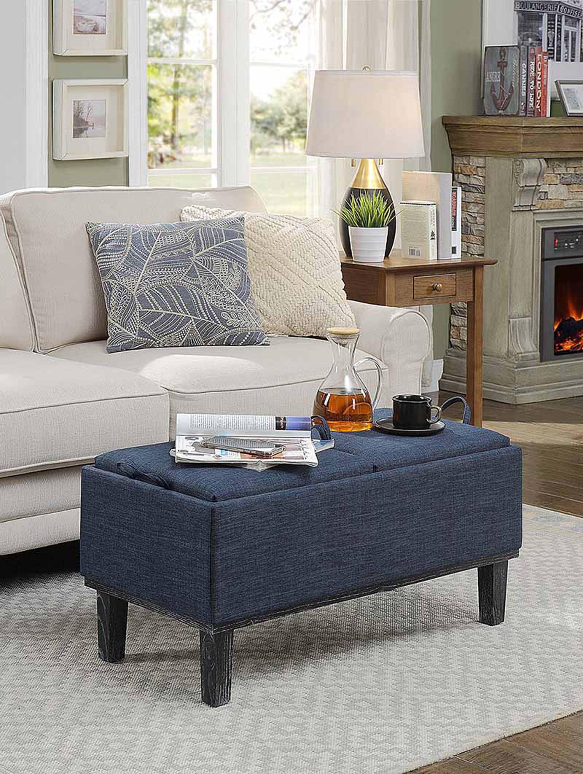 Brentwood Dark Blue Linen Storage Ottoman with Distressed Tray
