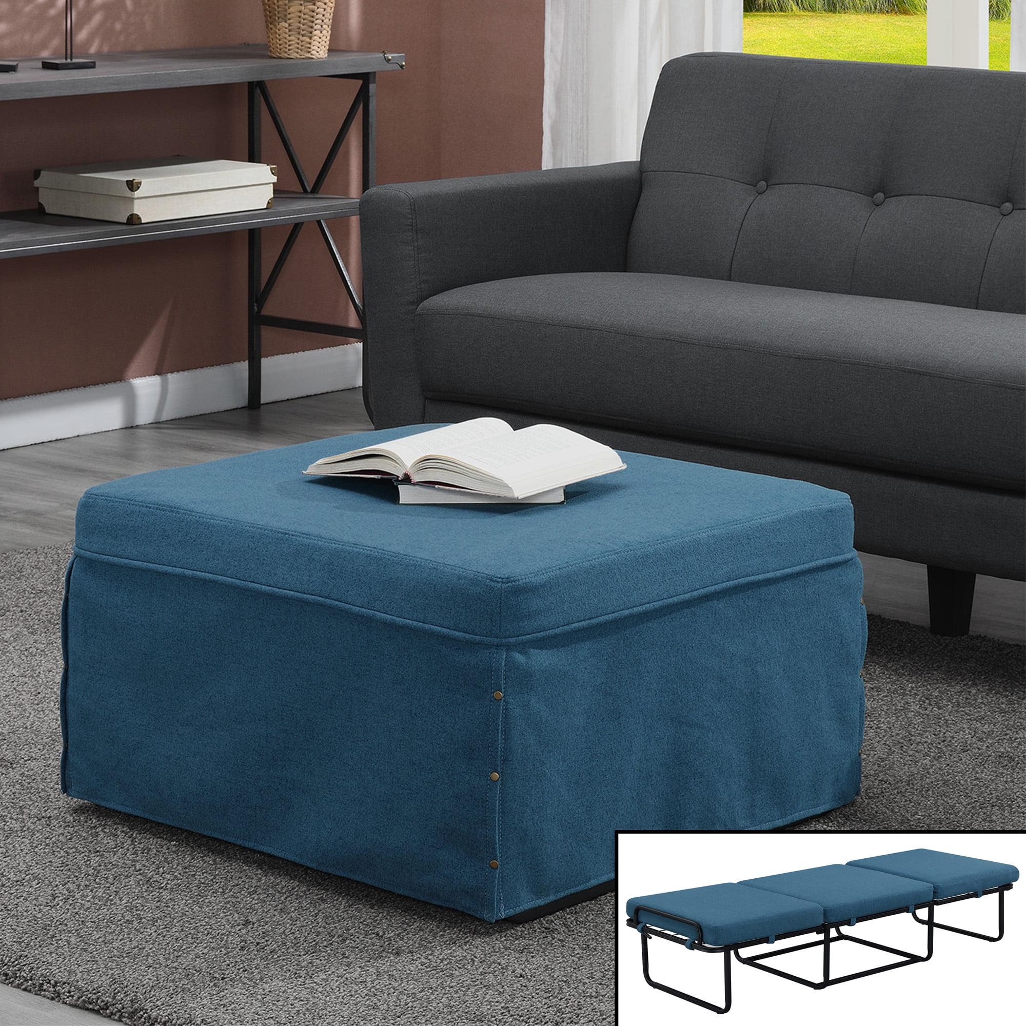 Soft Blue Fabric Convertible Ottoman Twin Bed with Metal Frame