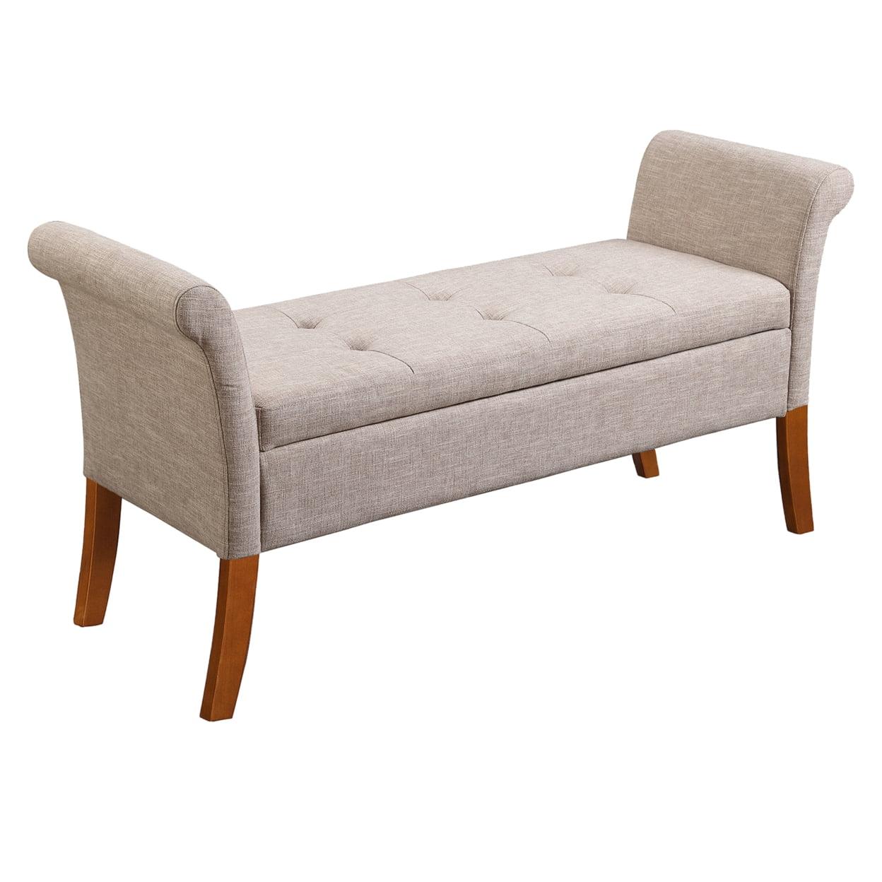 Classic Tan Fabric Rolled Arm Storage Bench with Solid Wood Feet