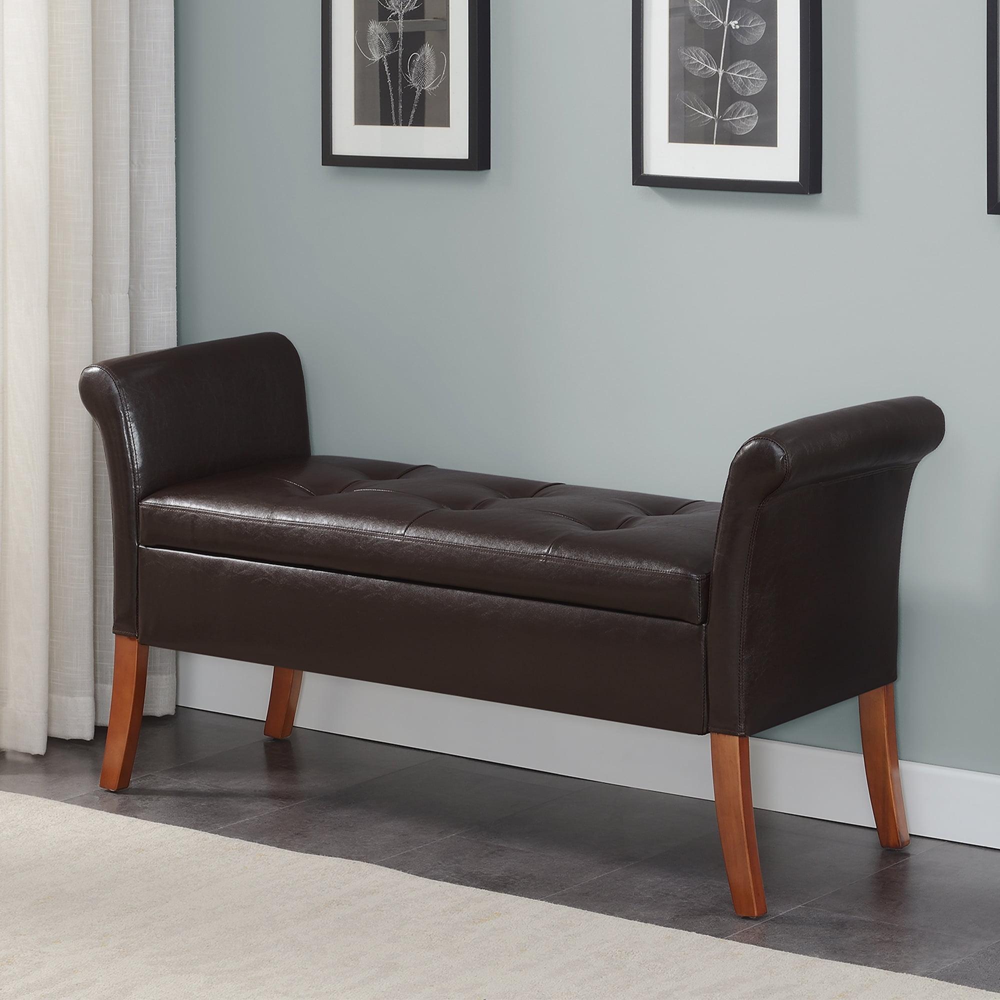 Espresso Faux Leather Storage Bench with Rolled Arms