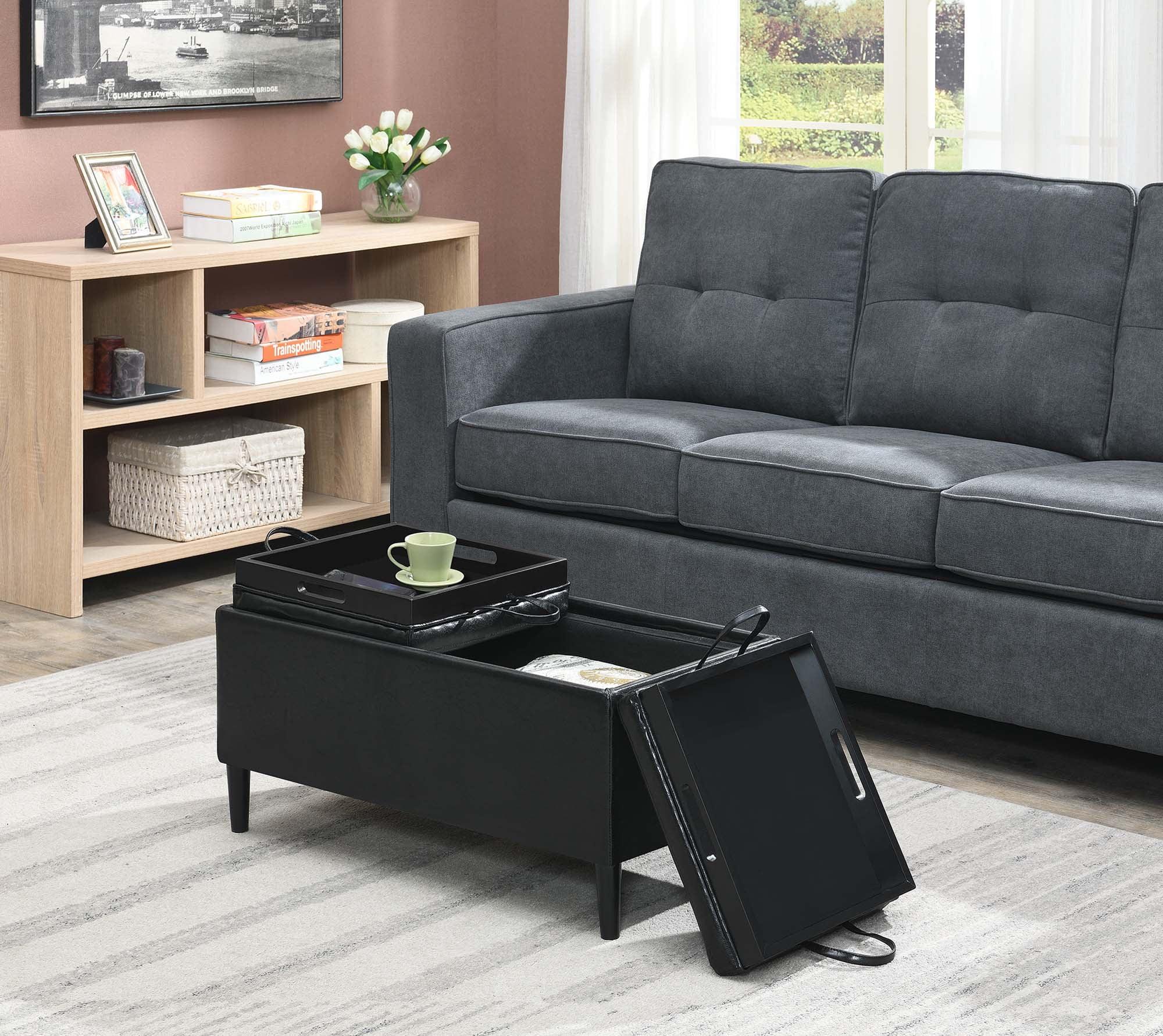 Black Faux Leather Storage Ottoman with Reversible Trays