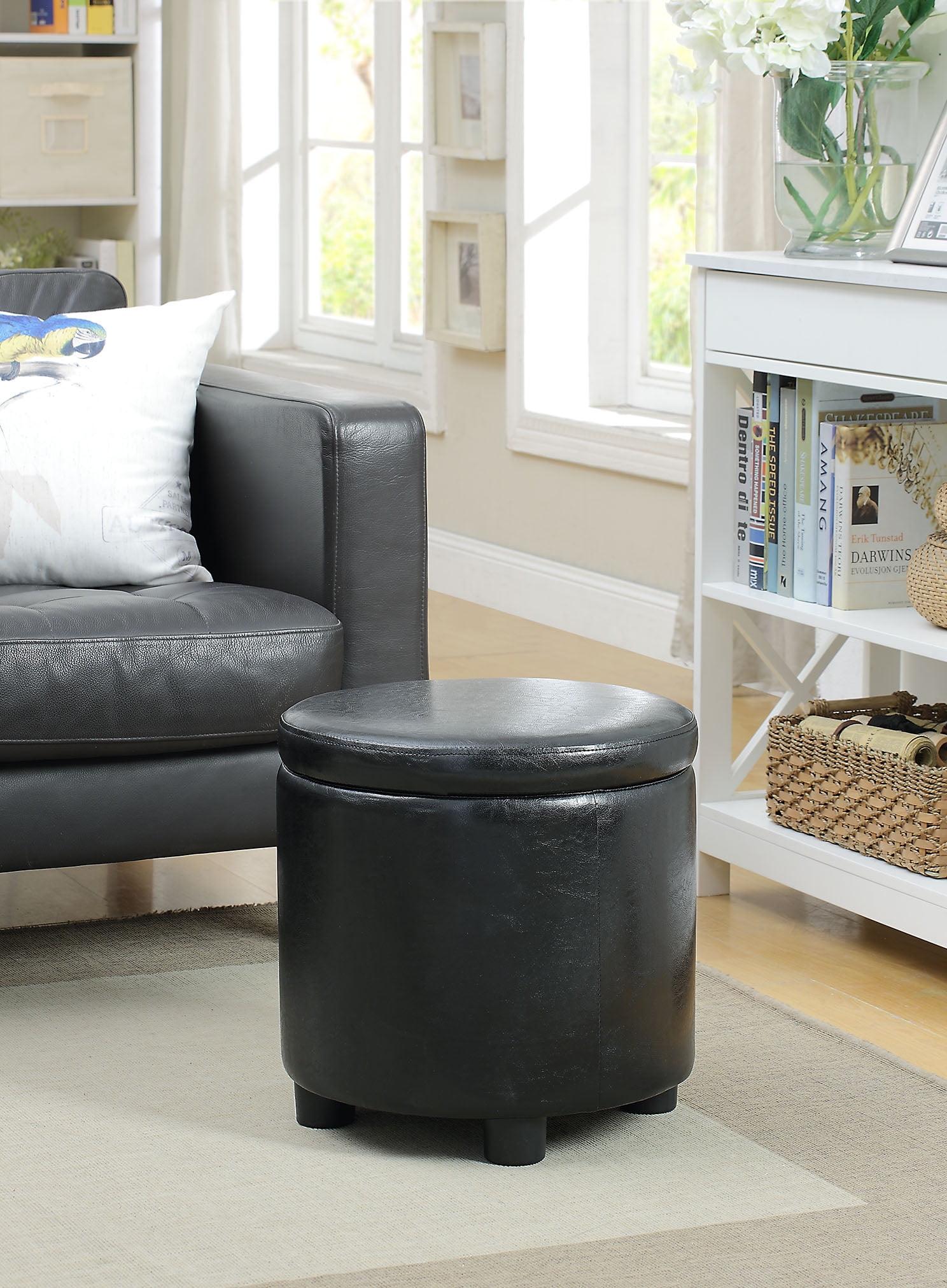 Convenience Concepts Designs4Comfort Round Accent Storage Ottoman with Reversible Tray Lid, Black Faux Leather