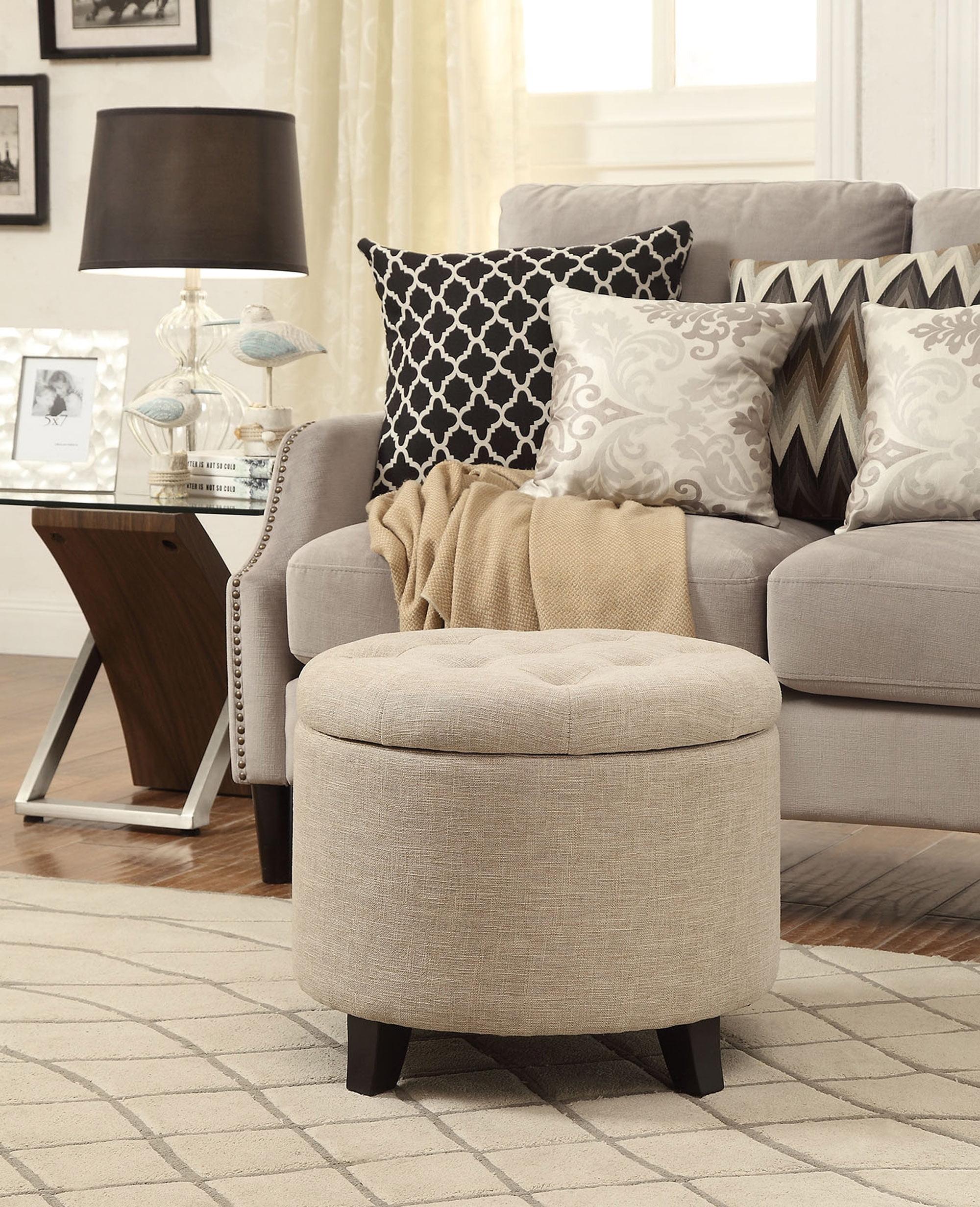 Tan Fabric Tufted Round Ottoman with Concealed Storage, 20"