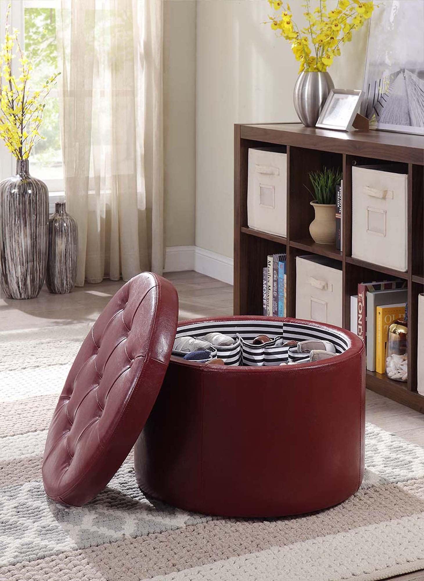 Burgundy Tufted Round Shoe Ottoman with 12 Compartments