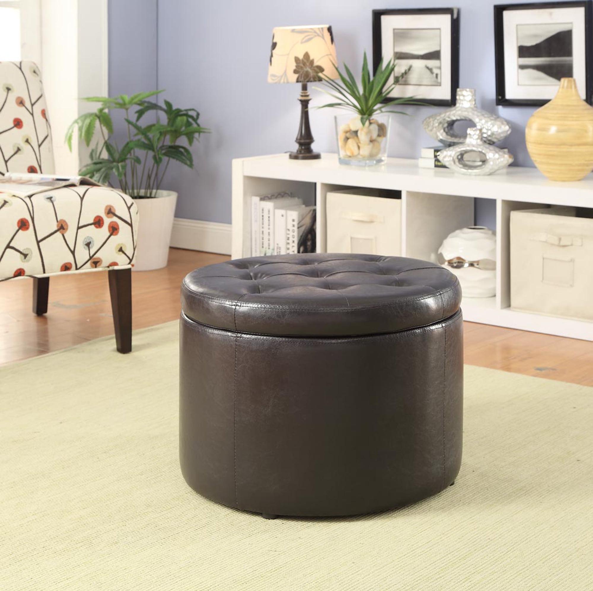 Espresso Faux Leather Tufted Round Storage Ottoman, 22-inch