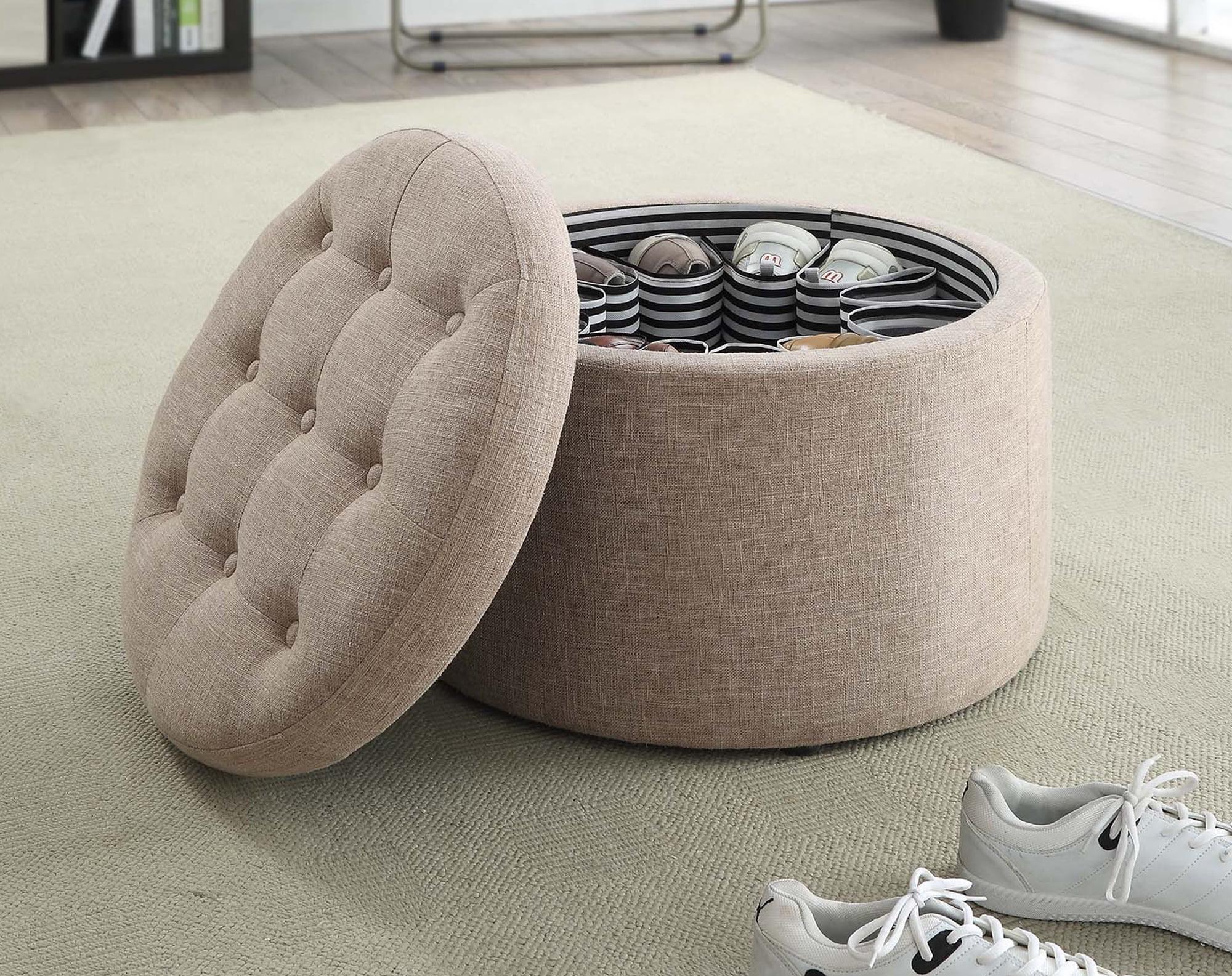 Beige Tufted Round Ottoman with Shoe Storage Compartments