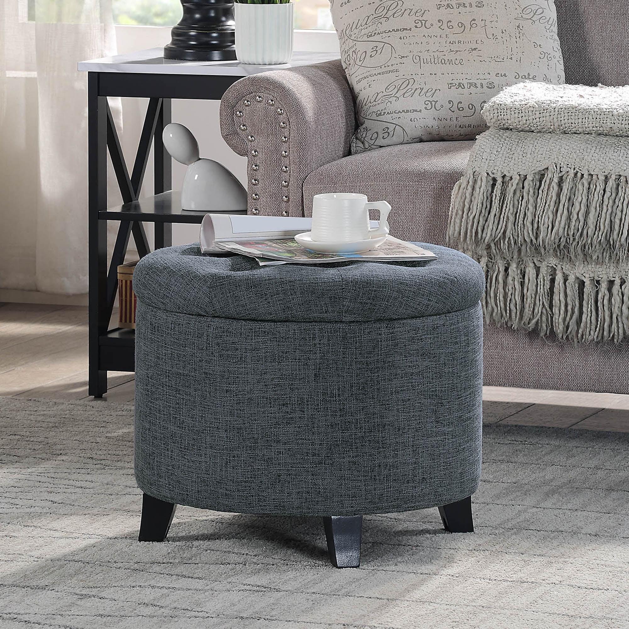 Stormy Gray Tufted Round Storage Ottoman with Dense Foam Cushion