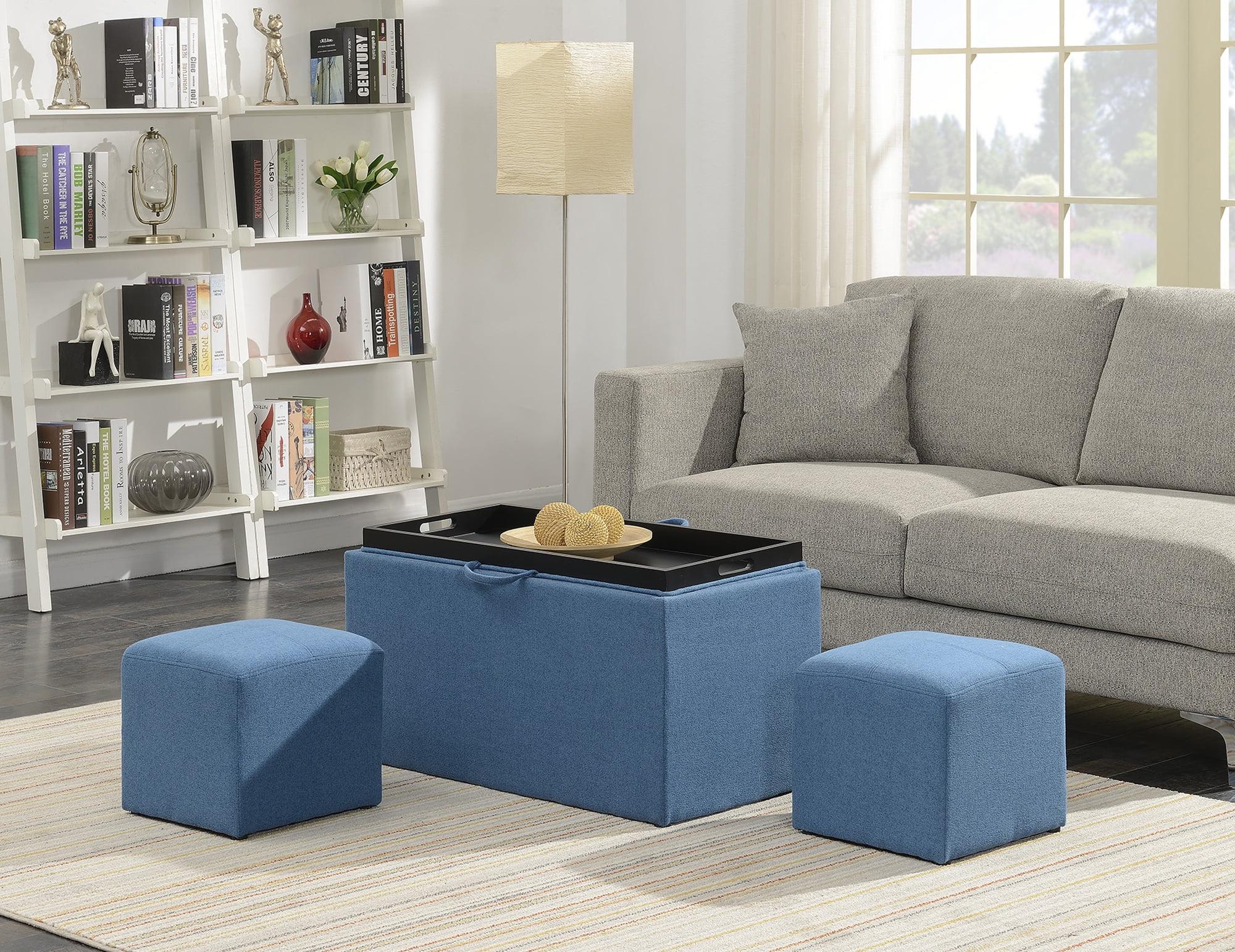 Soft Blue Fabric Storage Bench with Hardwood Tray and Side Ottomans