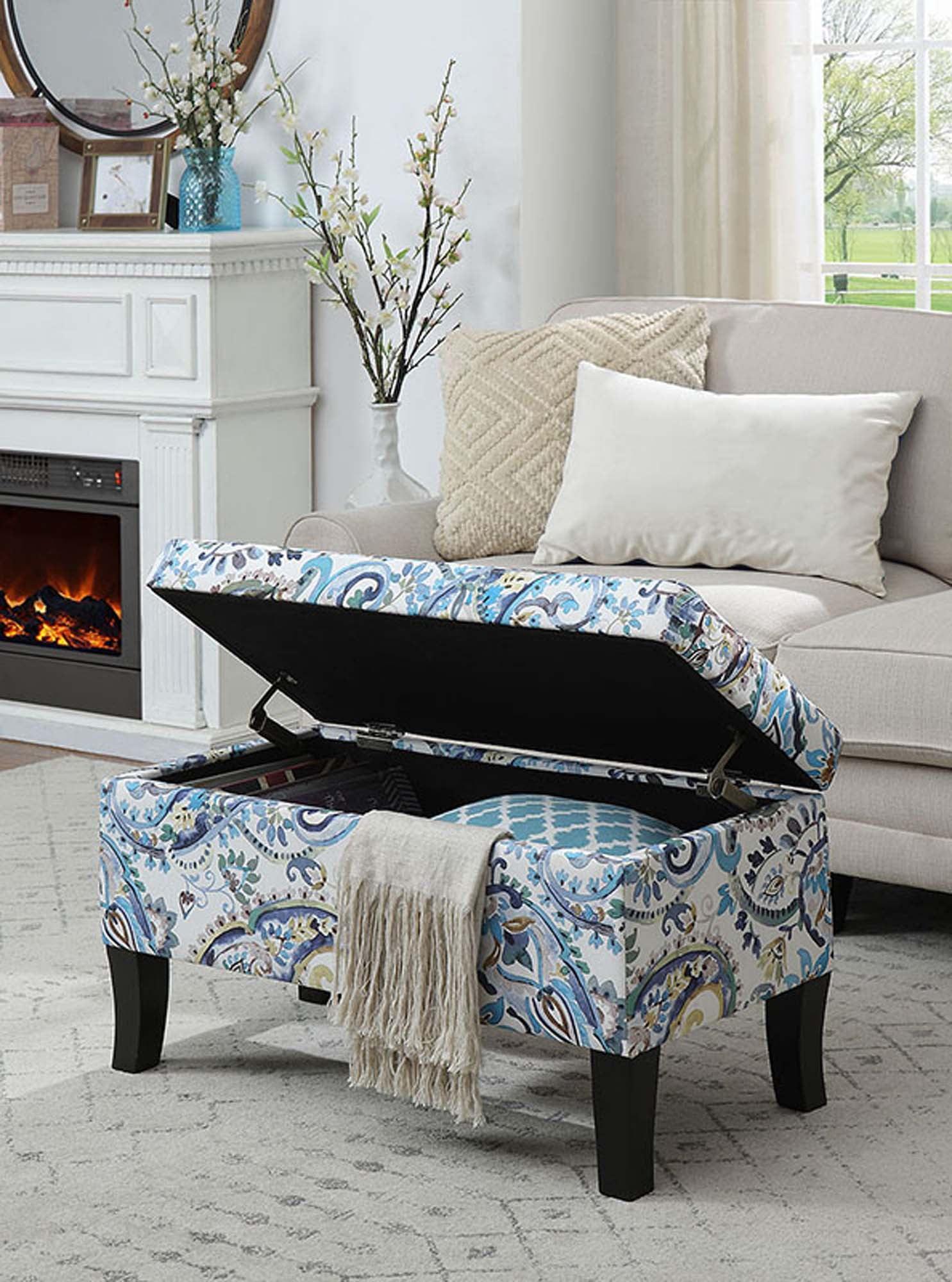 Paisley Fabric Storage Ottoman with Dark Rubberwood Legs