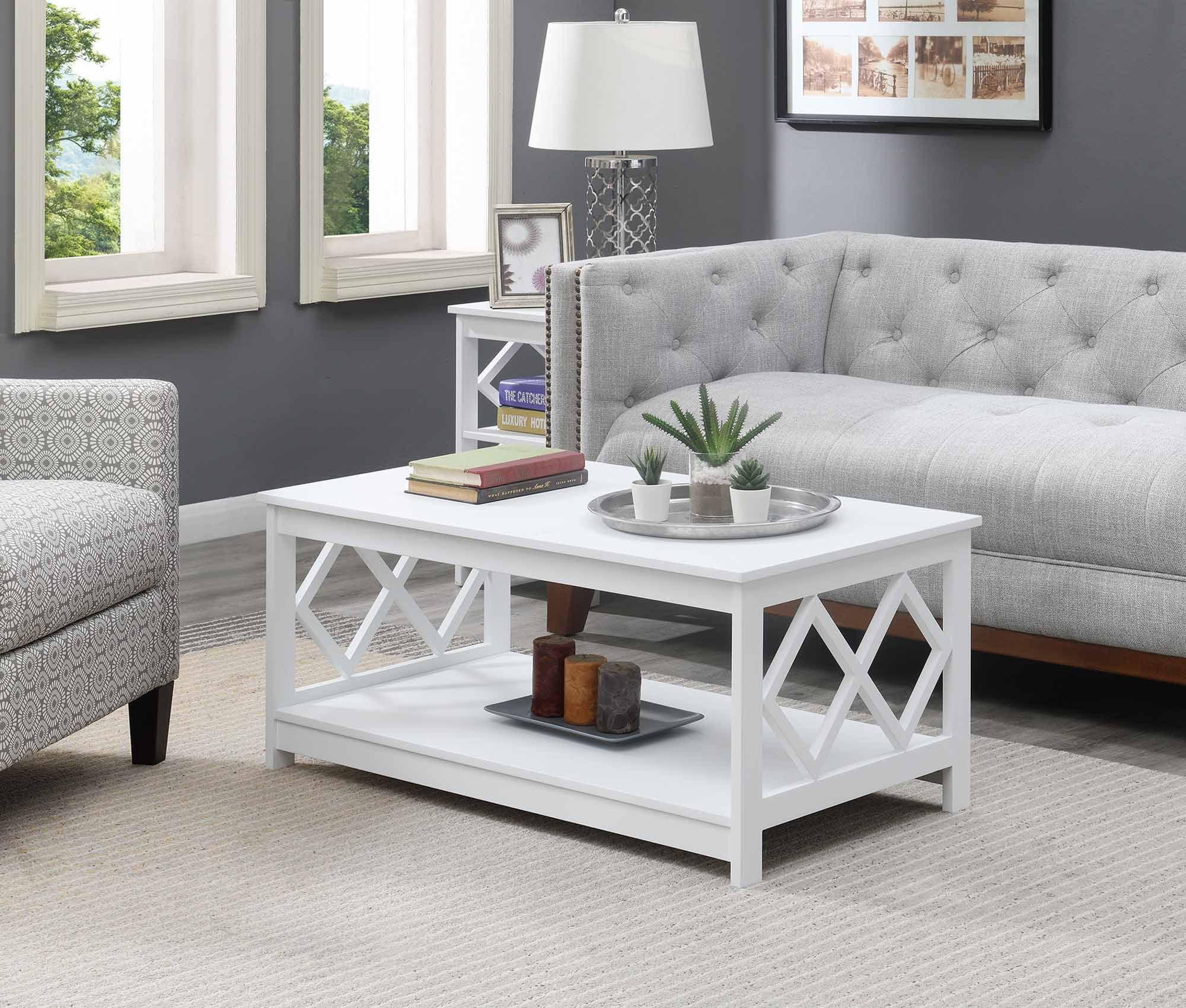 Convenience Concepts Diamond Coffee Table with Shelf, White