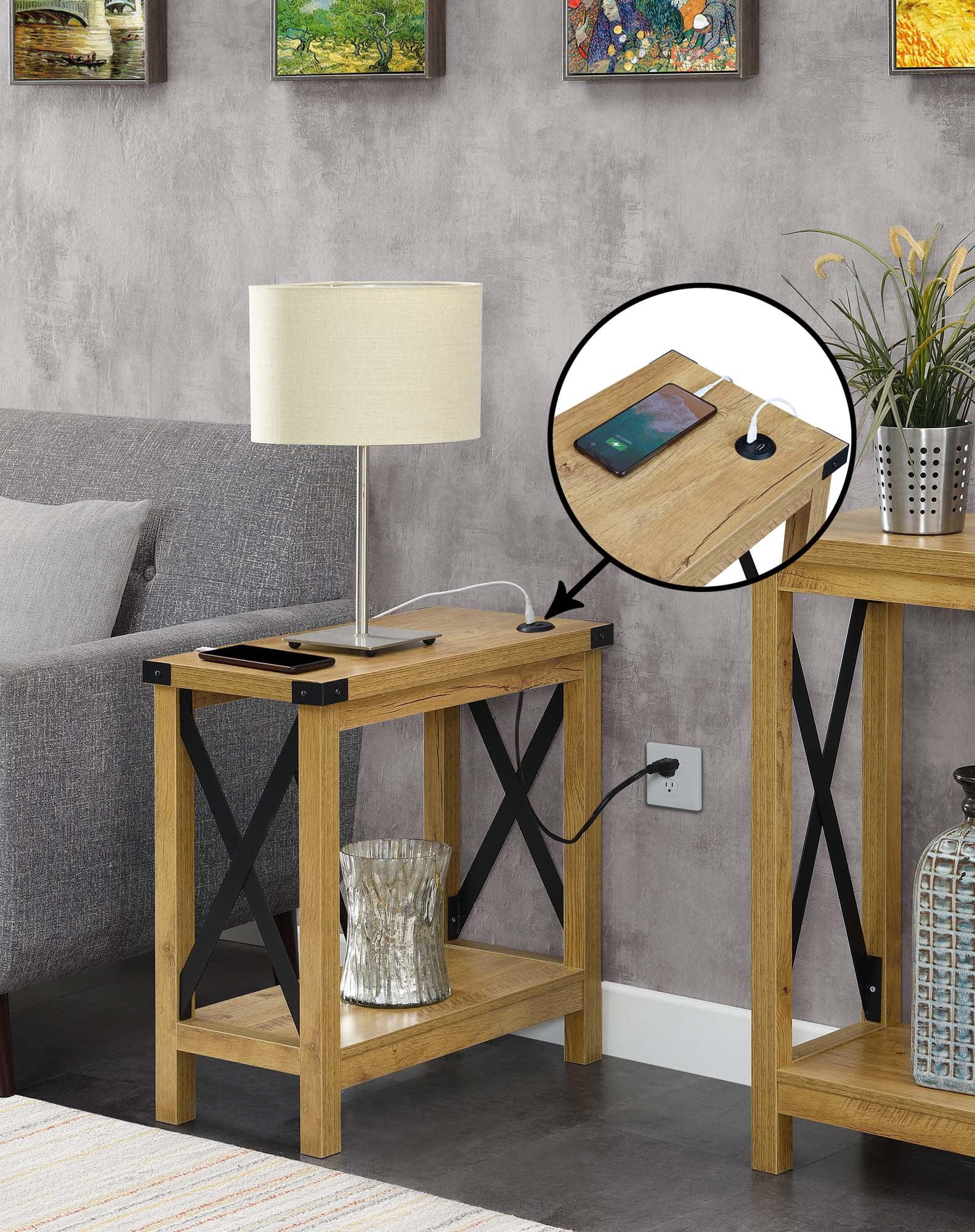 Oak & Black Particle Board Charging End Table with Shelf