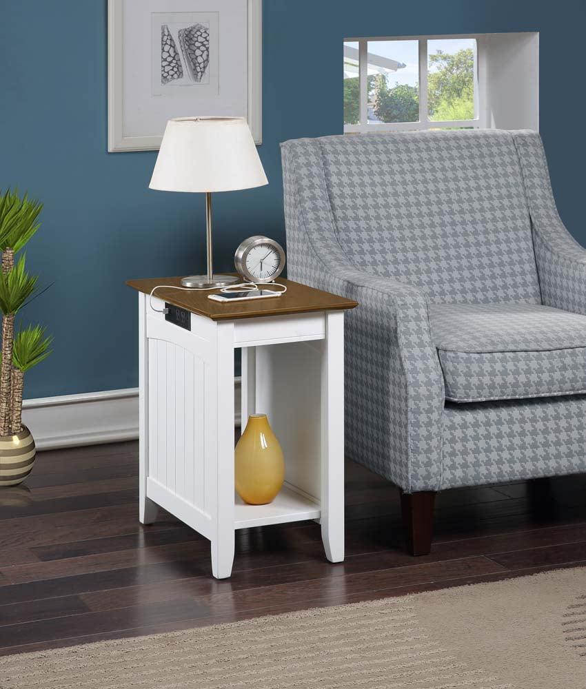 Convenience Concepts Edison End Table with Charging Station and Shelf, Driftwood/White