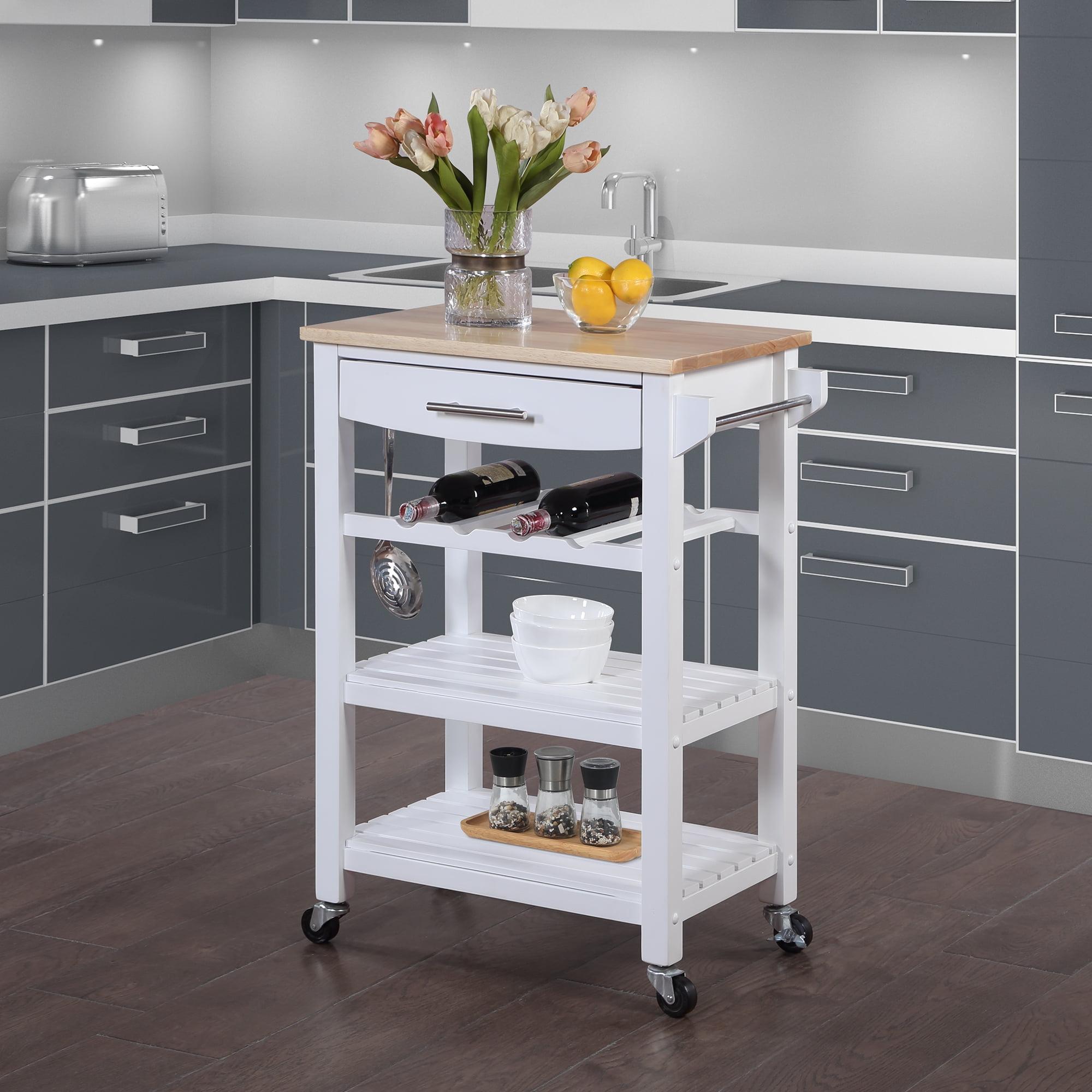 Rubberwood Rectangular Butcher Block Kitchen Cart with Wine Storage