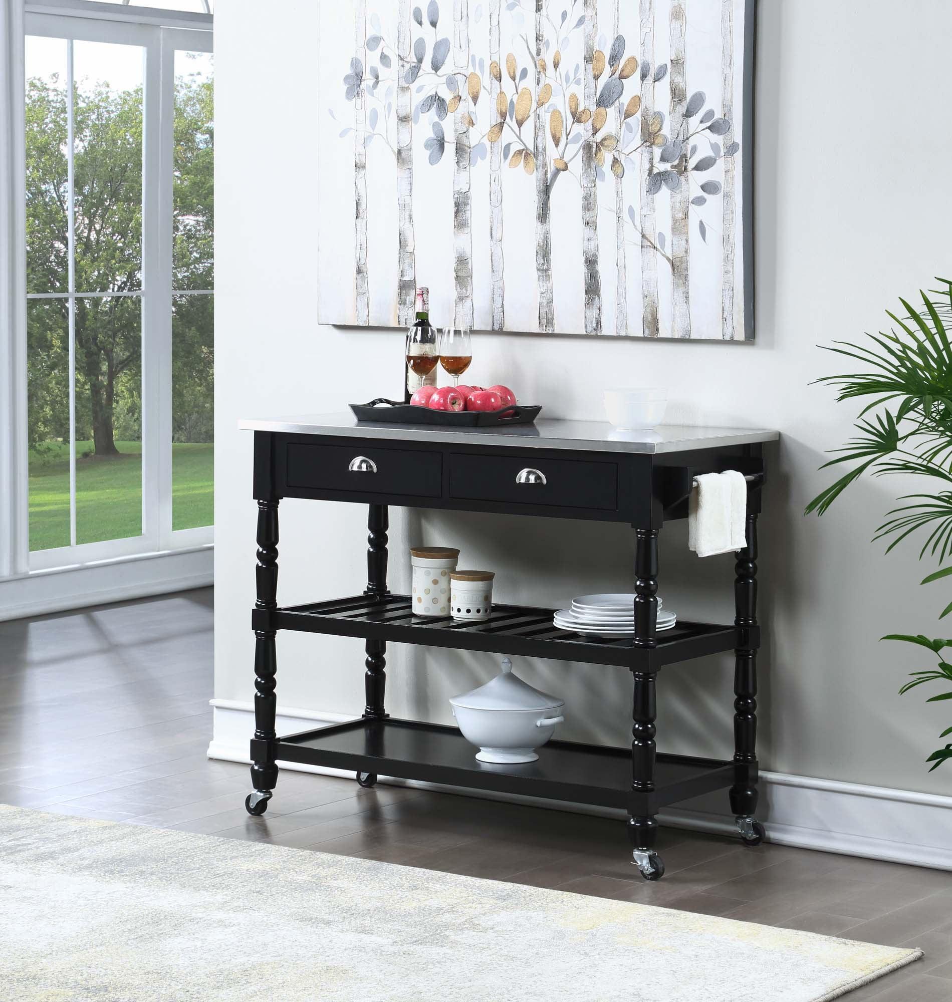 French Country Elegance Stainless Steel & Black Kitchen Cart with Wine Storage