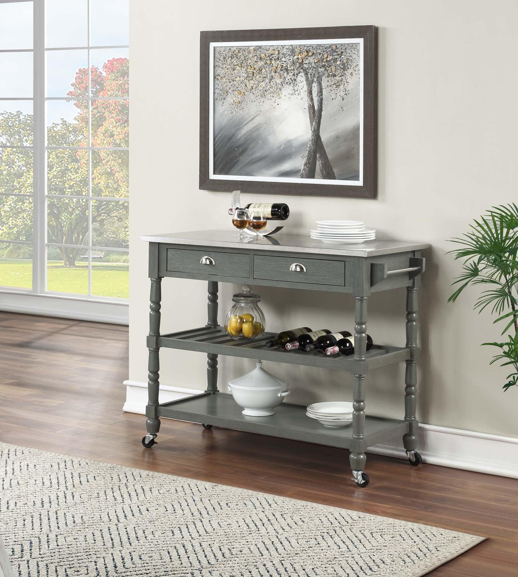 Elegant Stainless Steel and Wirebrush Dark Butcher Block Kitchen Cart with Wine Rack