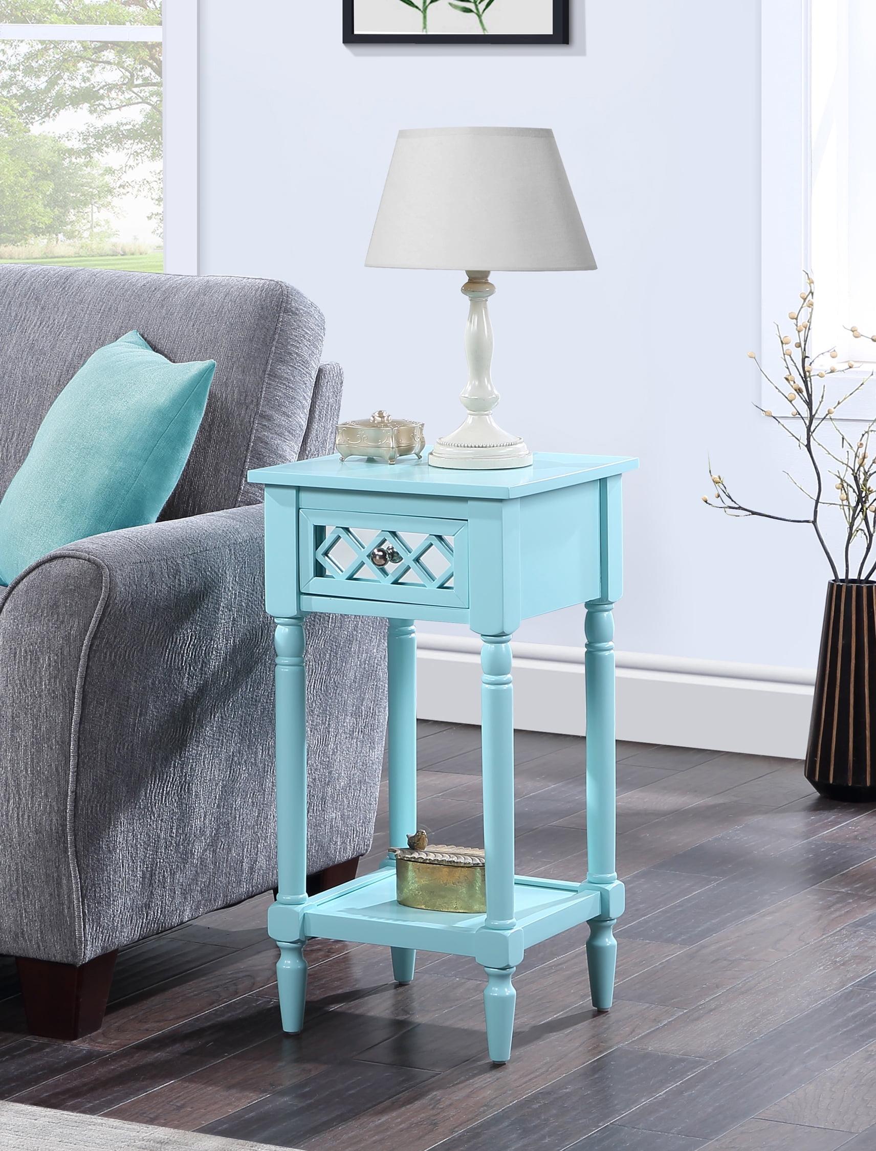 Aqua Blue Pine Wood Deluxe Accent Table with Mirrored Drawer